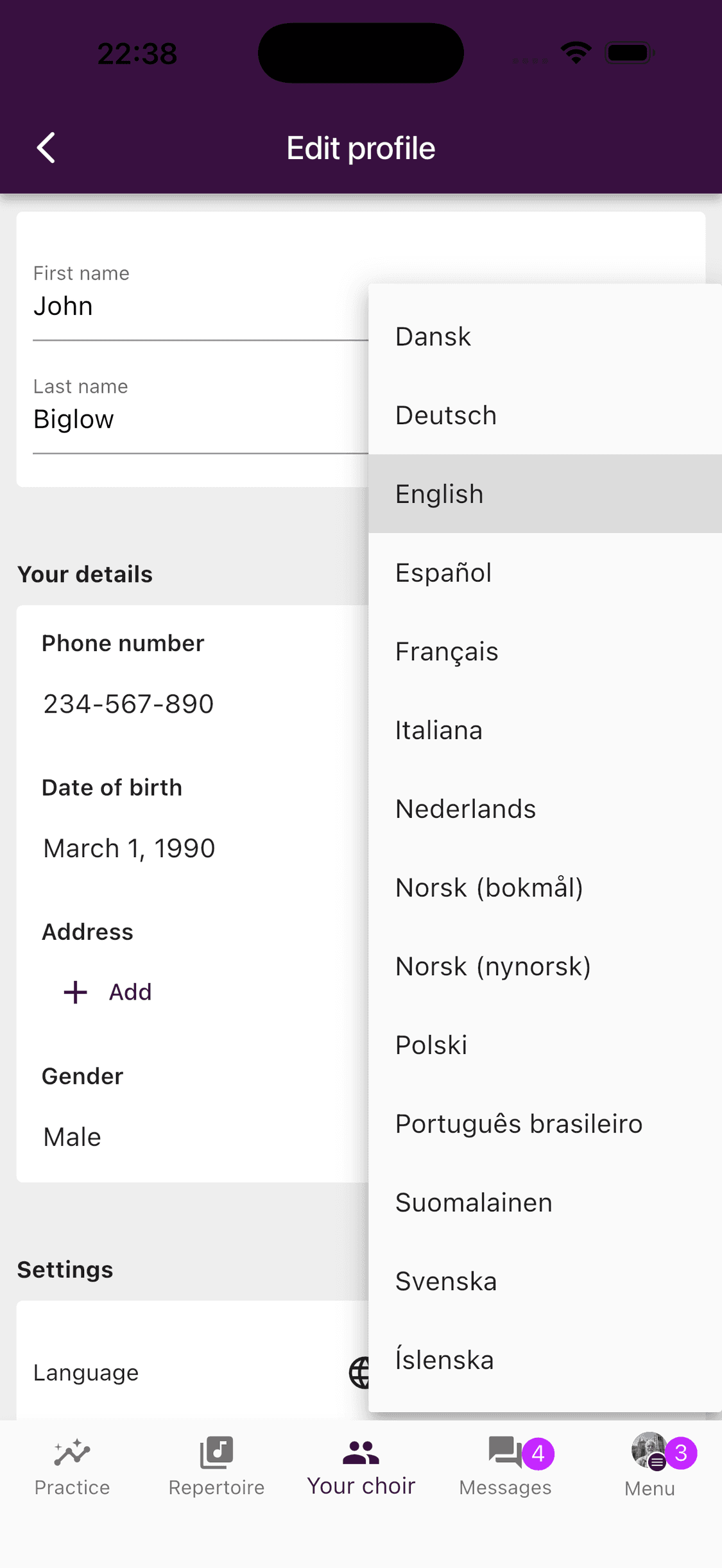 The language list in the ChoirMate app