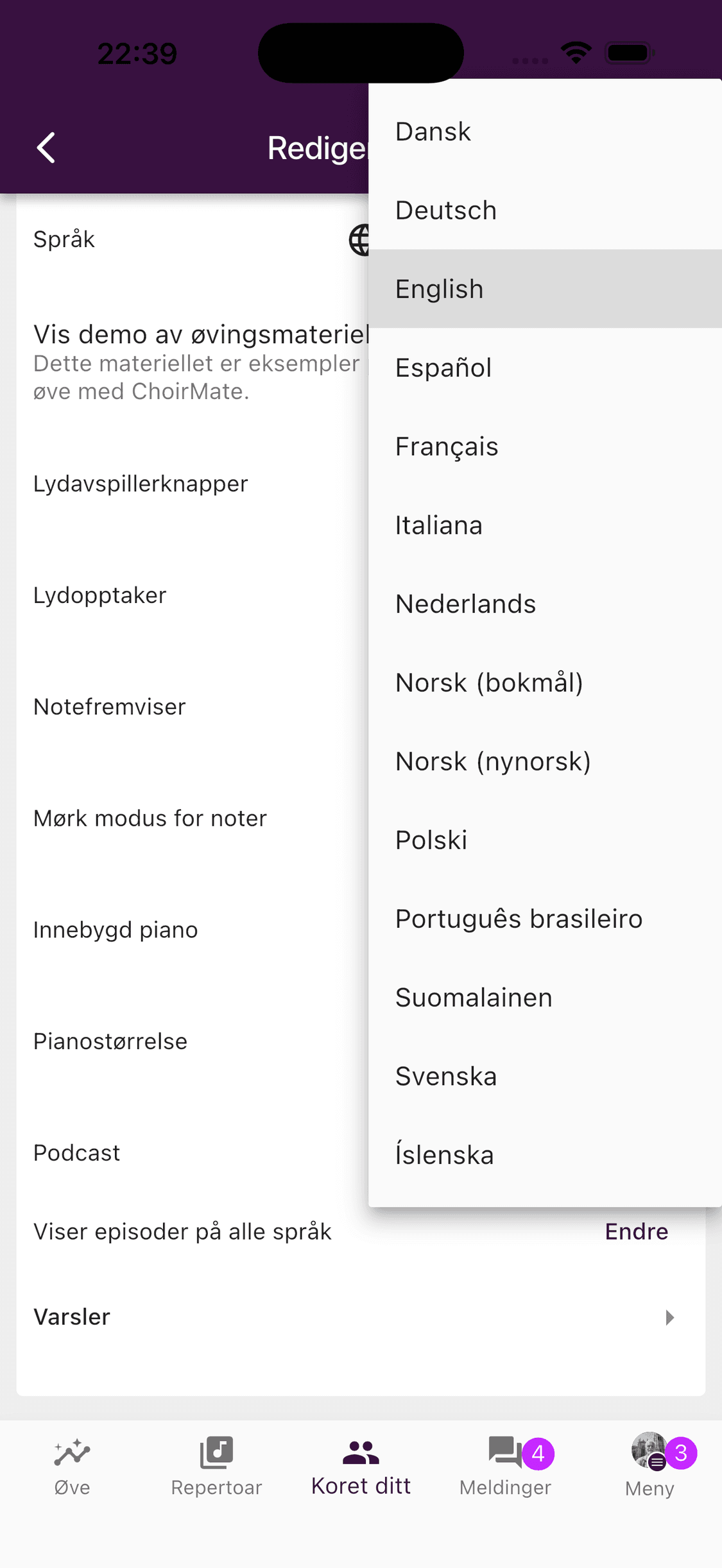 Listen over språk i ChoirMate-appen
