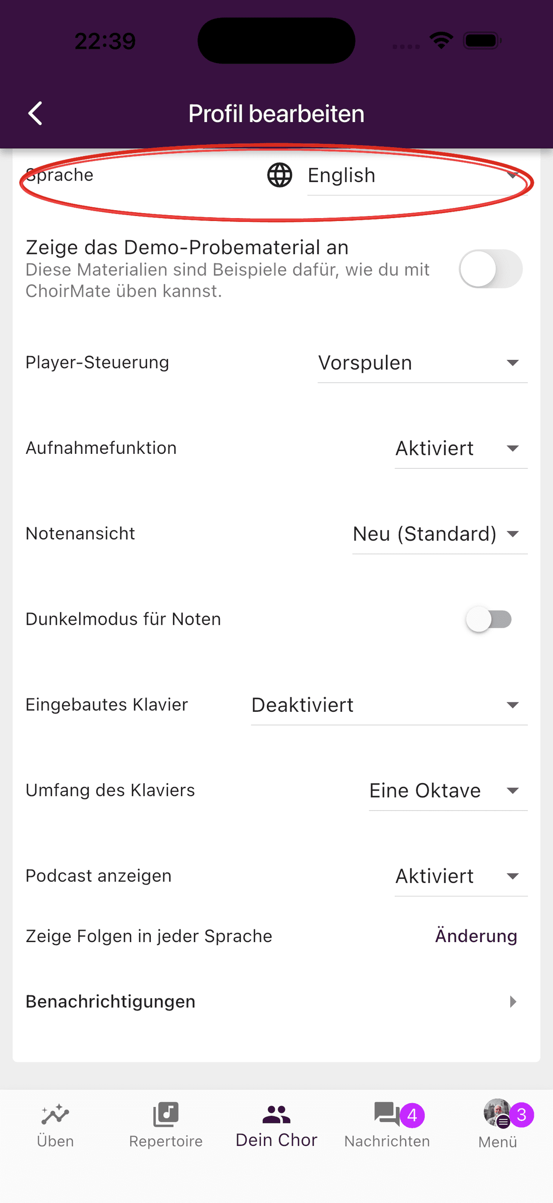 Die Spracheinstellung im ChoirMate-Profil in der App