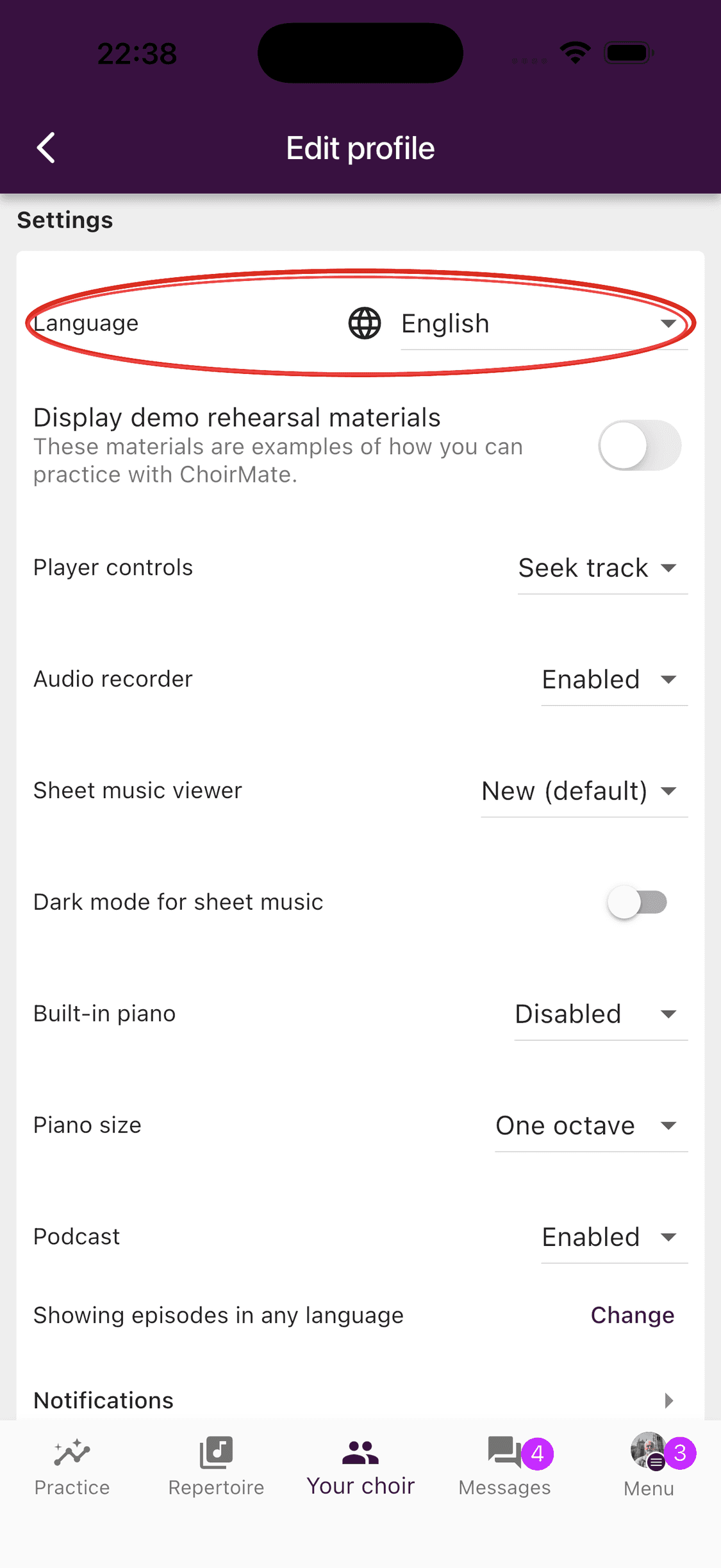 The Language setting in the ChoirMate app profile