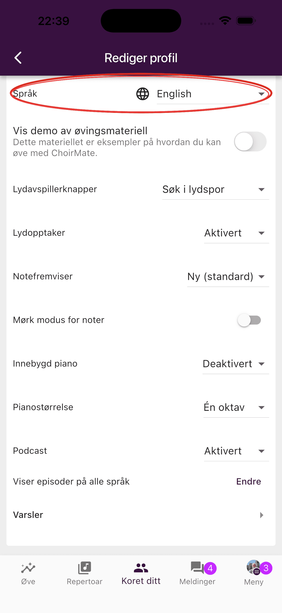 Språkinnstillingen i ChoirMate-profilen i appen