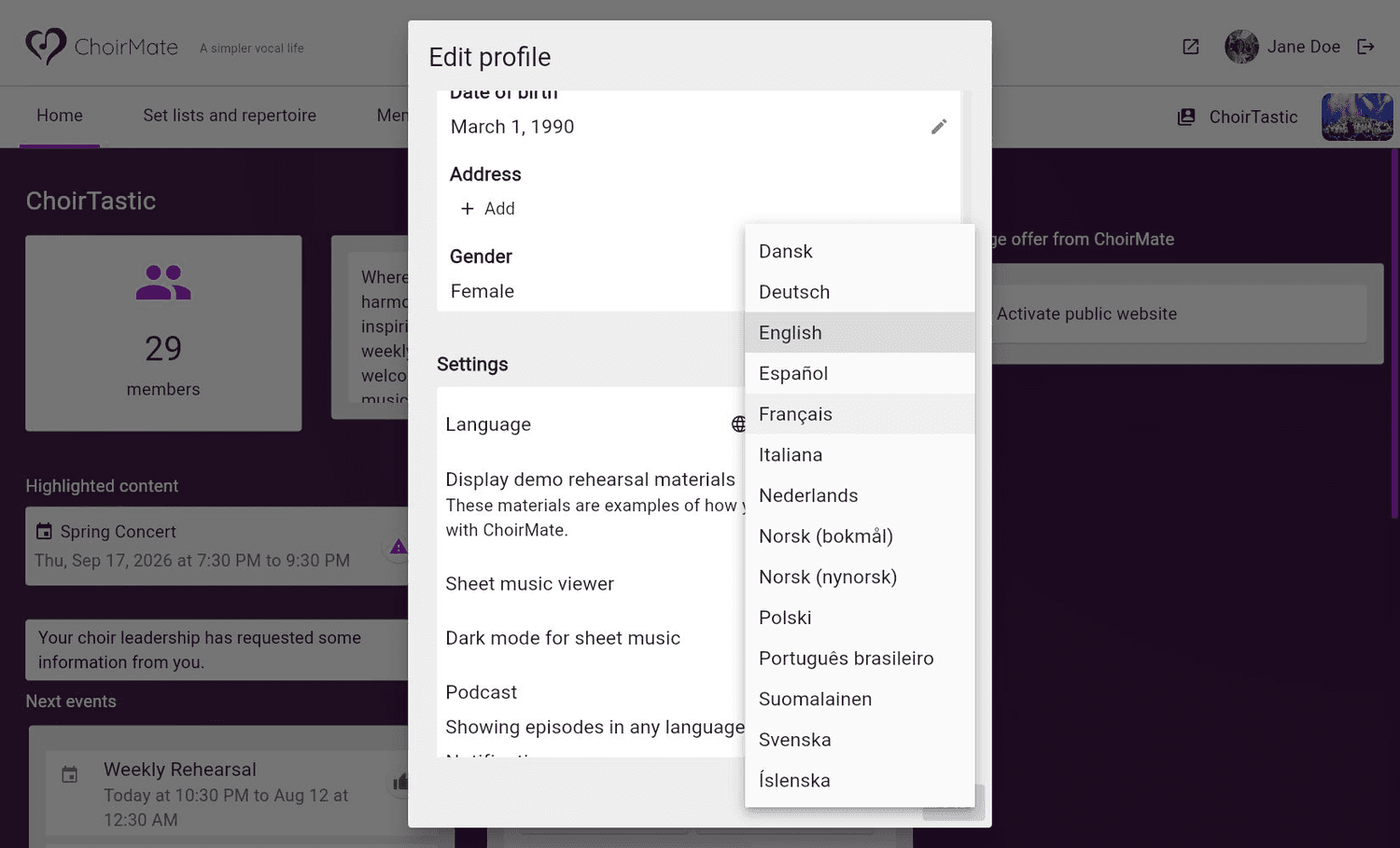 The language list in ChoirMate web