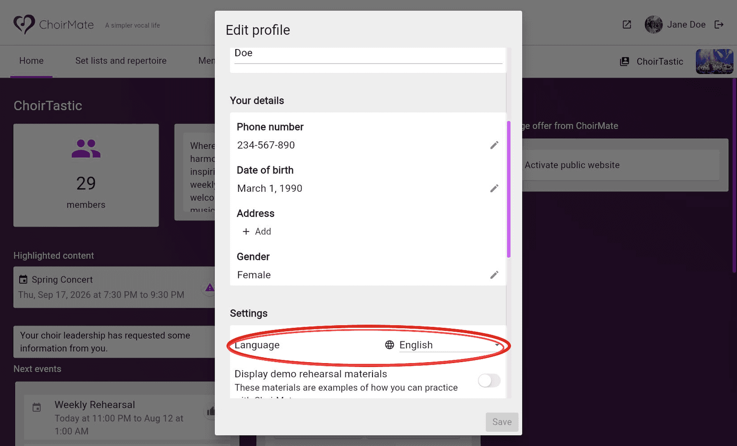 The Language setting in the ChoirMate web profile dialog