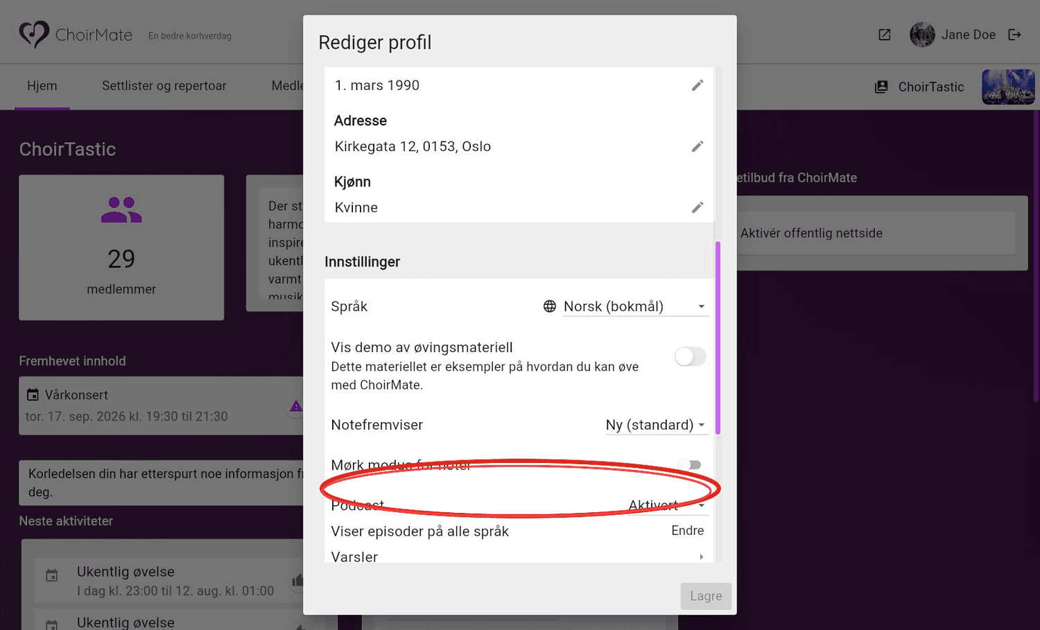Språkinnstillingen i profildialogen på ChoirMate web