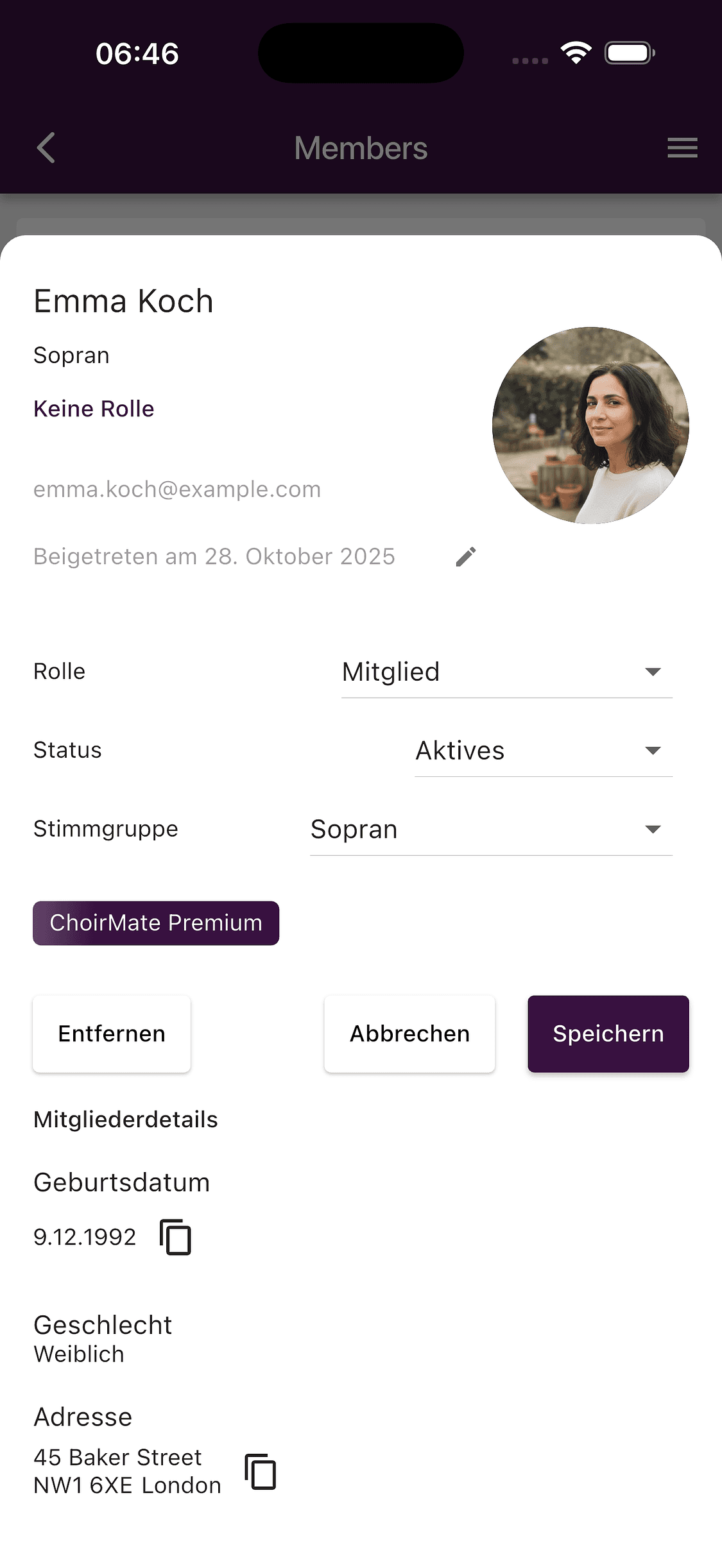 Rolle, Status und Stimmgruppe eines Mitglieds in der App bearbeiten