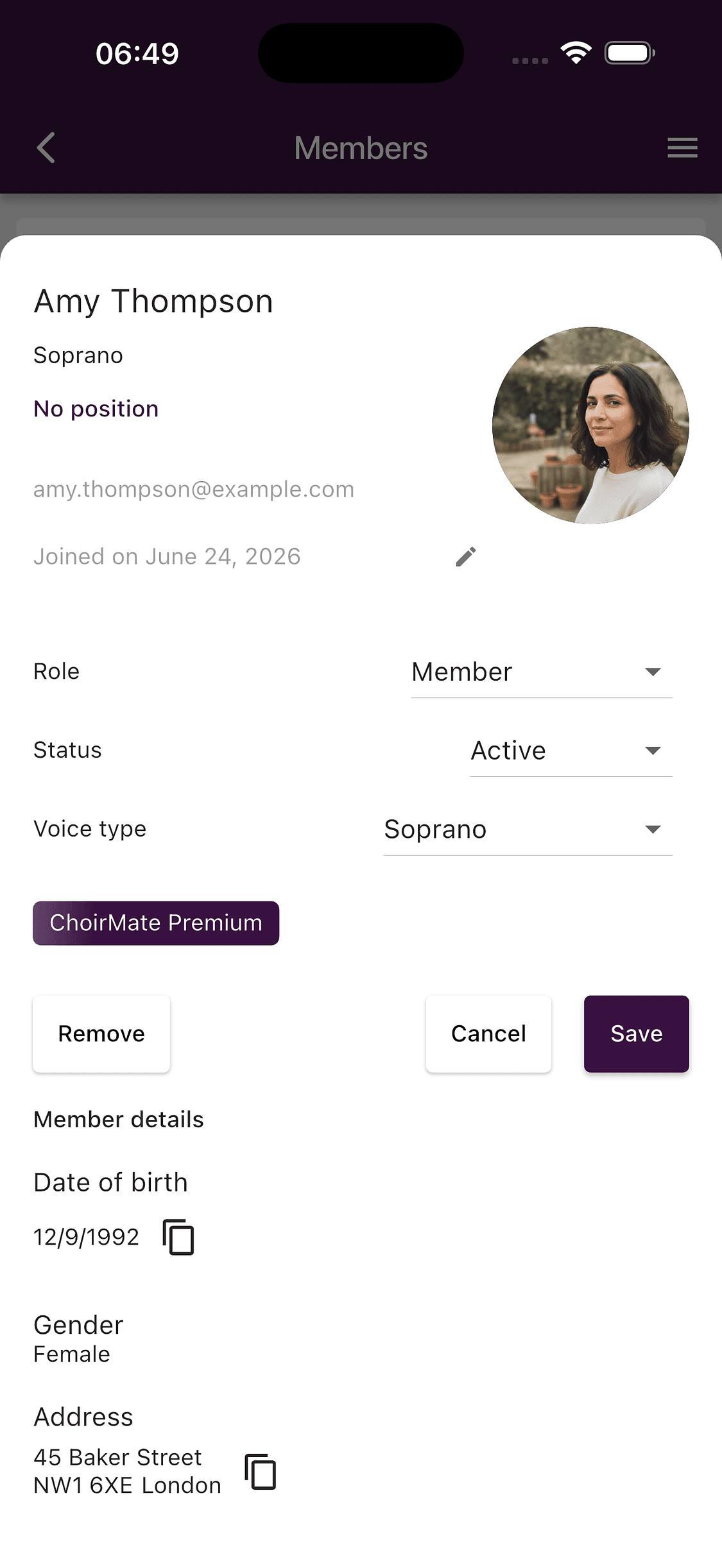 Editing a member's role, status, and voice type in the app