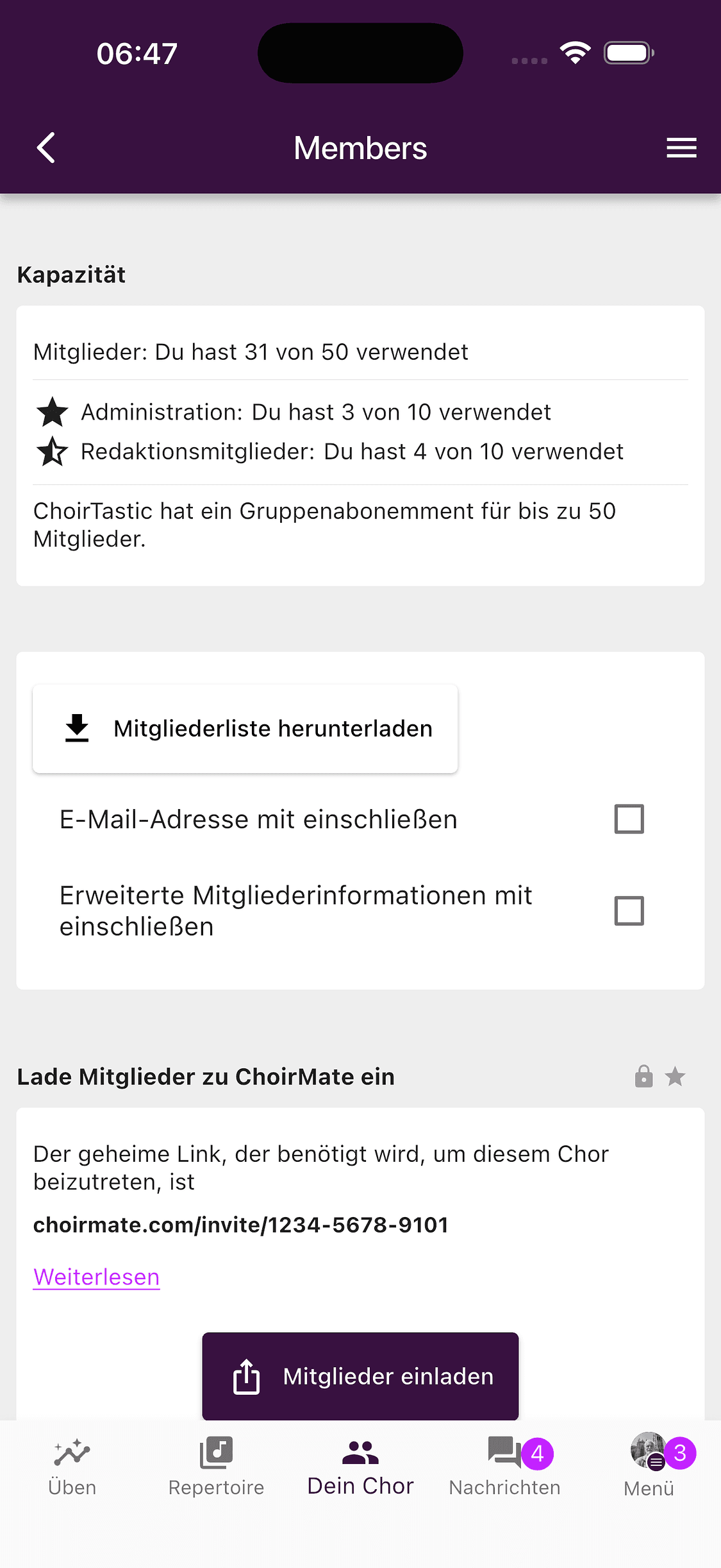 Optionen für den Export der Mitgliederliste in der ChoirMate-App