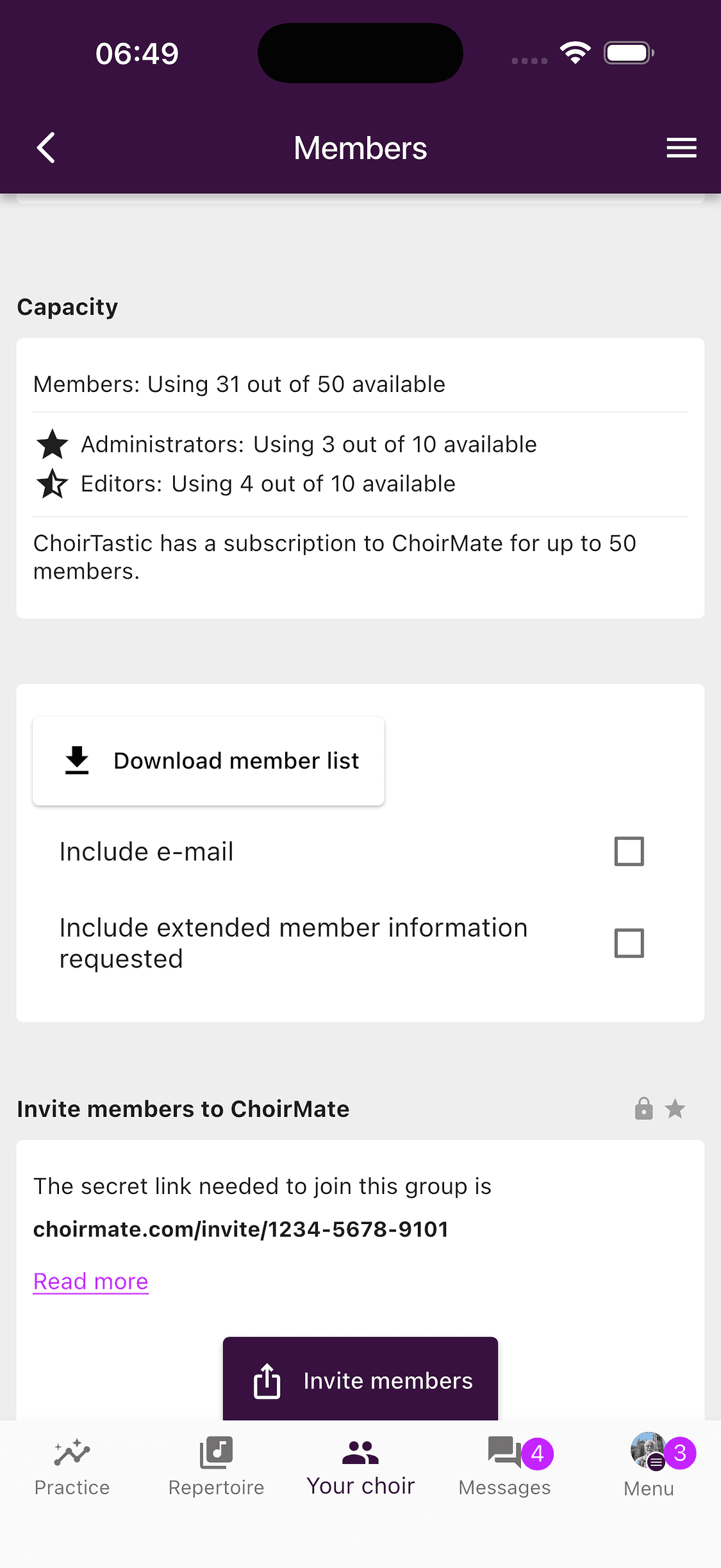 Member list export choices in the ChoirMate app