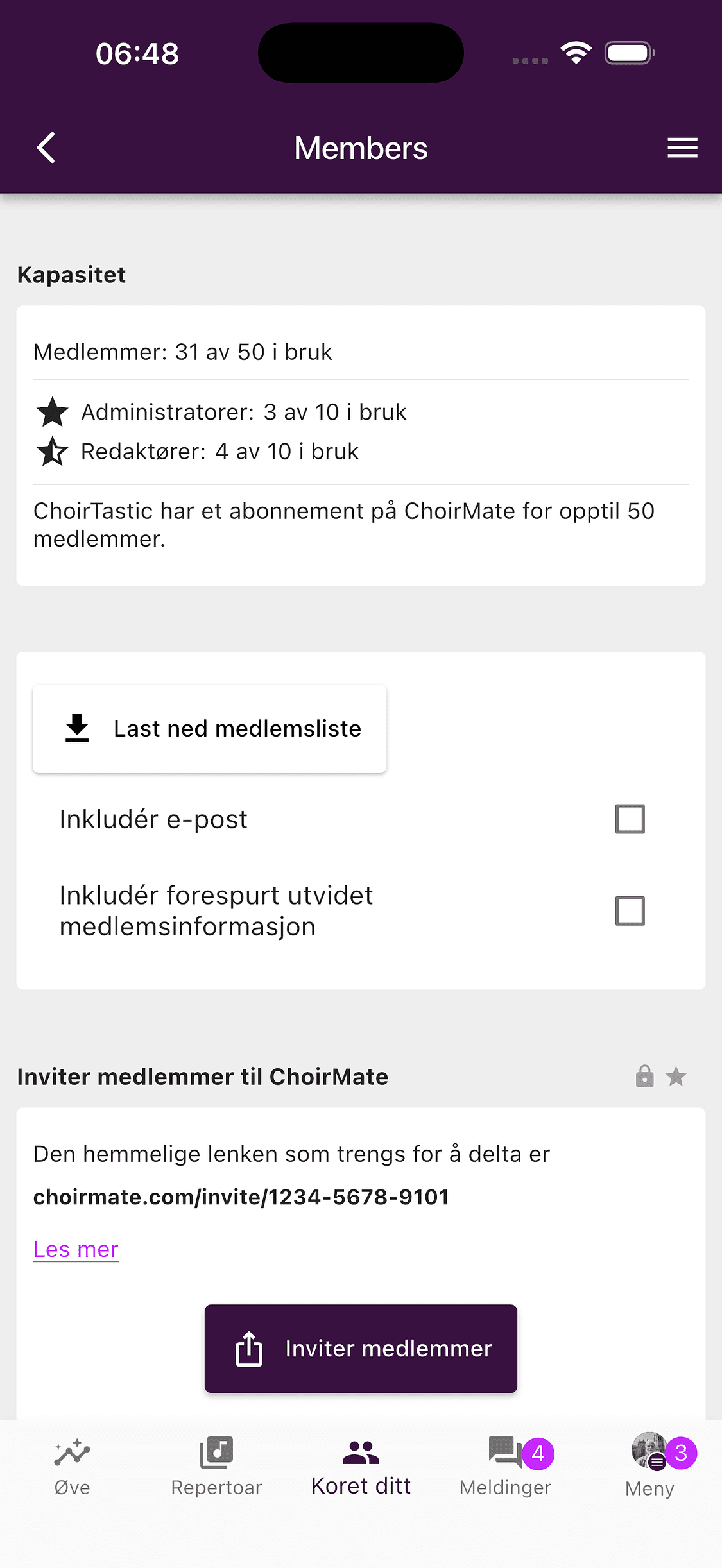 Valg for eksport av medlemslisten i ChoirMate-appen