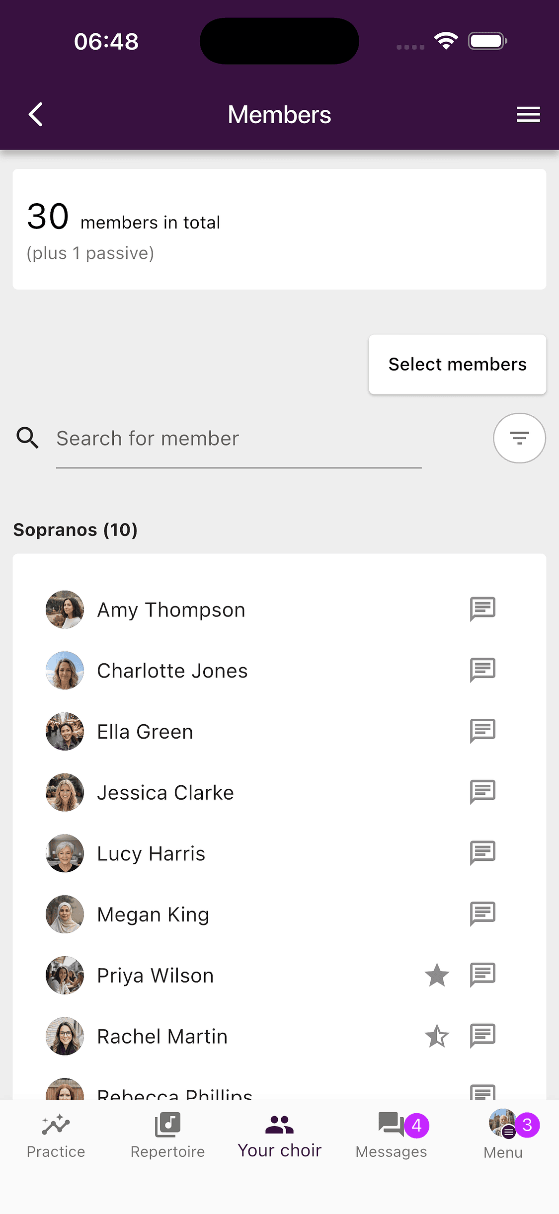 The member administration list in the ChoirMate app