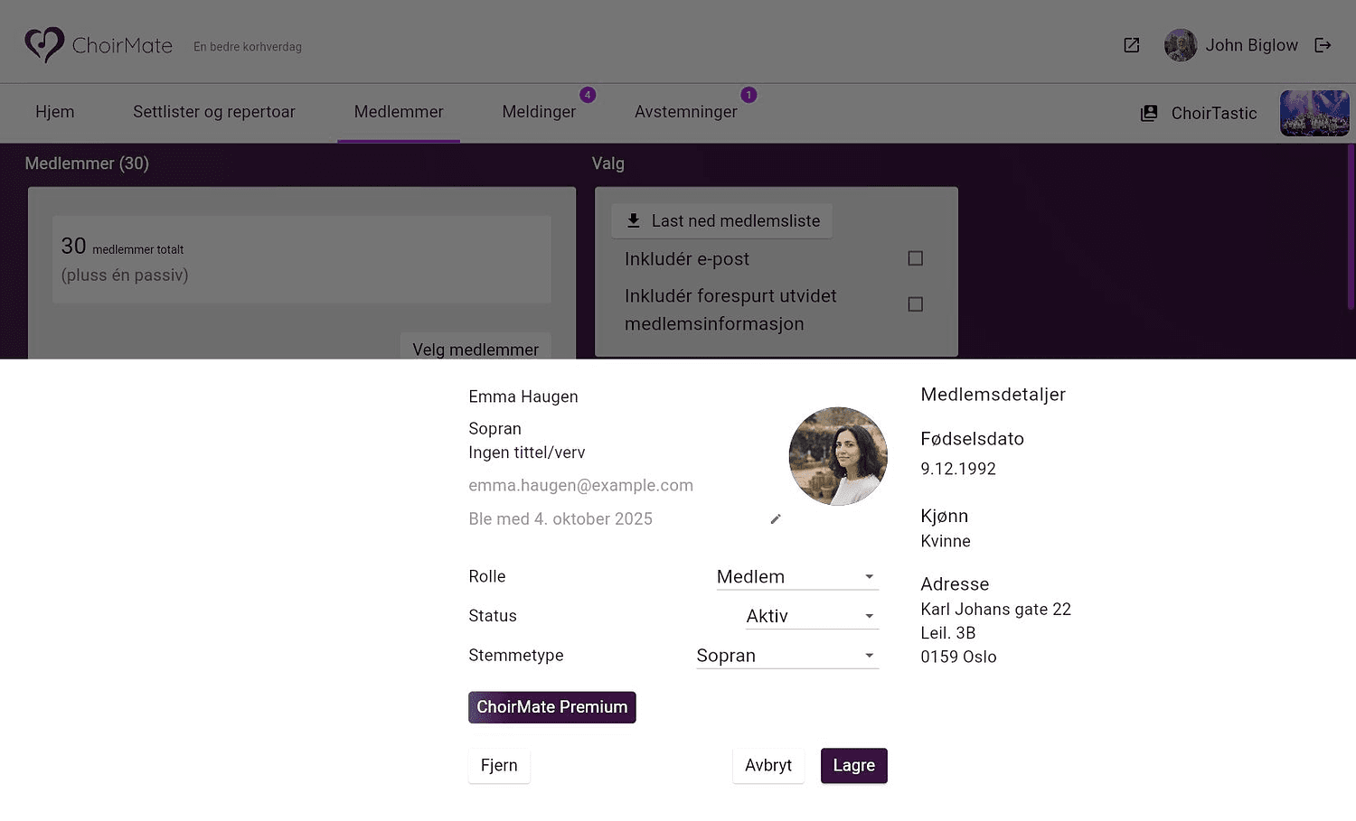 Redigering av et medlem i ChoirMate på web
