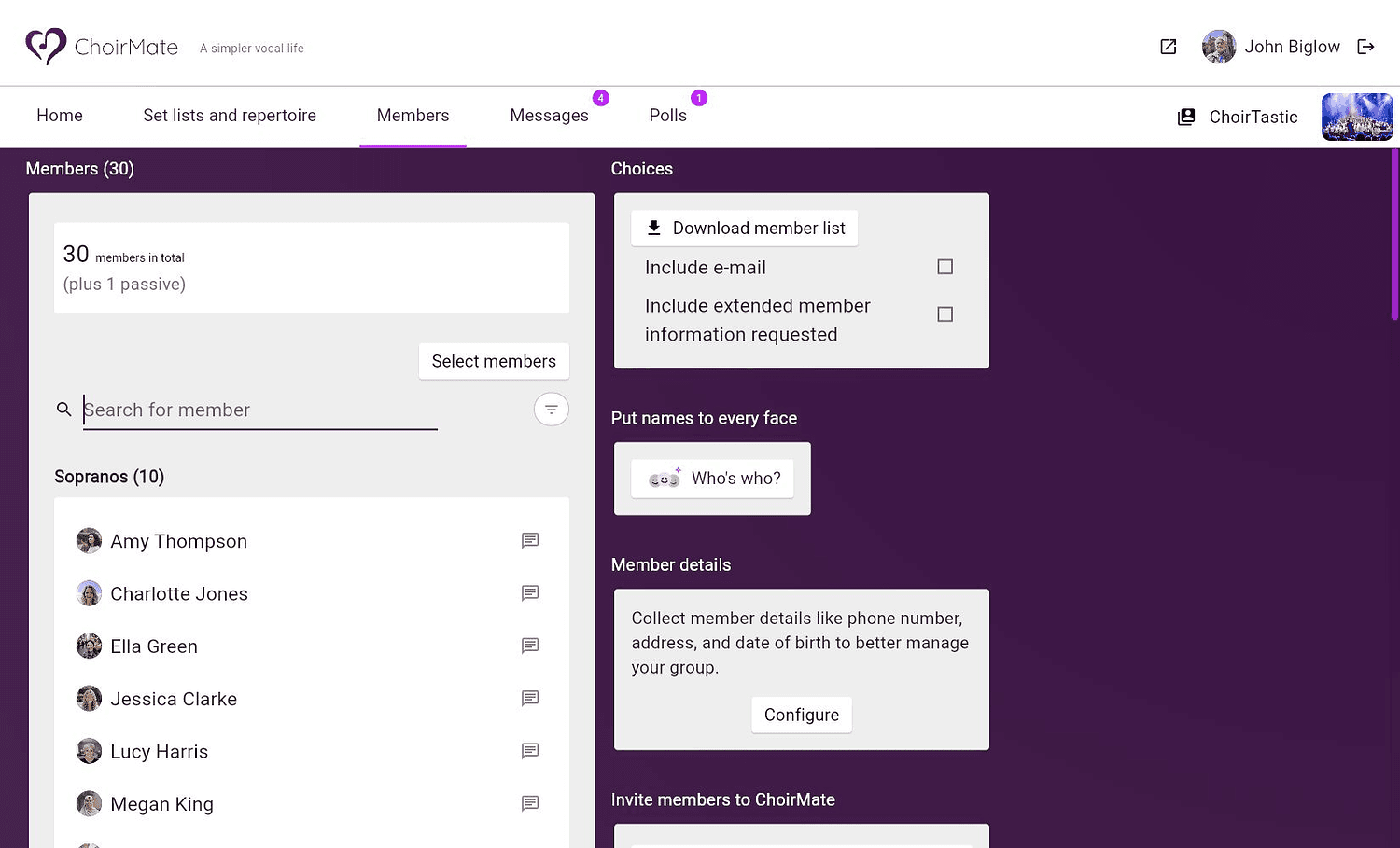 The member administration page in ChoirMate on the web