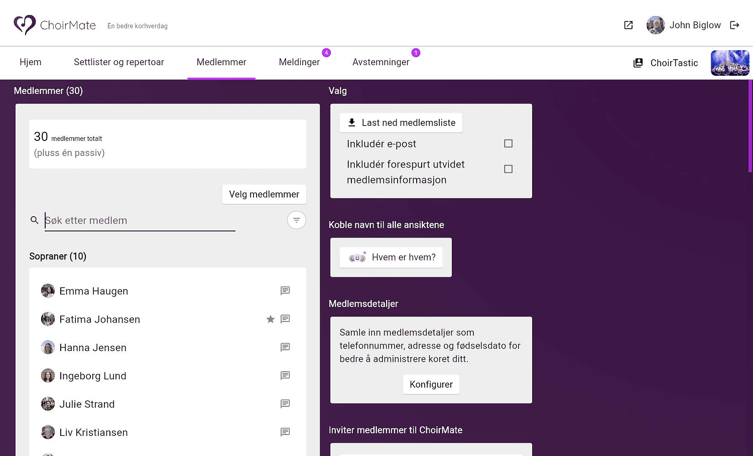Medlemsadministrasjonen i ChoirMate på web