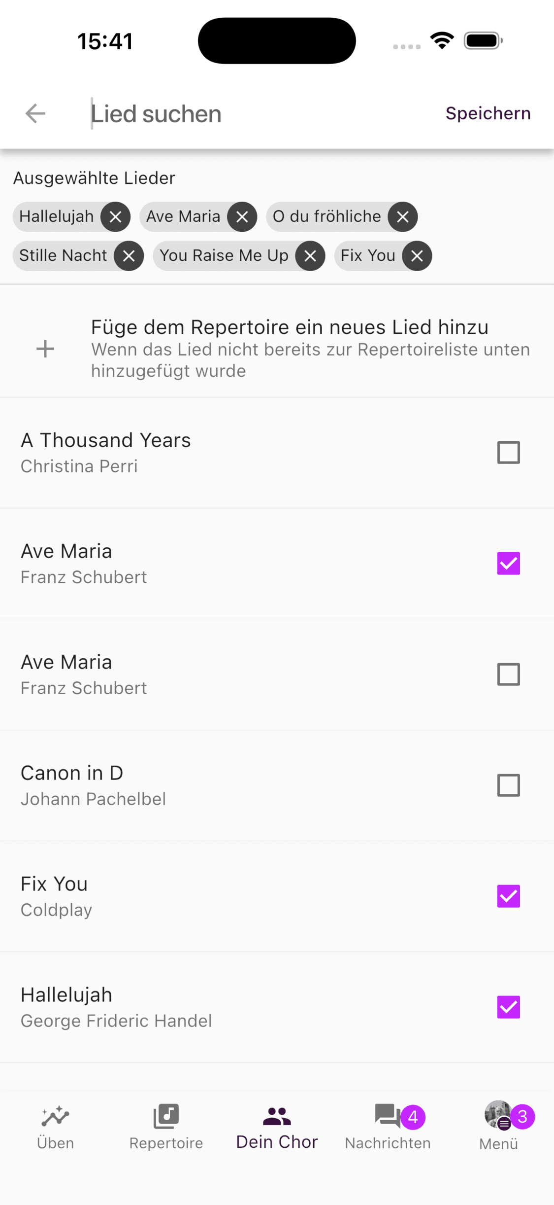 Auswahl von Repertoire-Songs für eine Setliste in der App