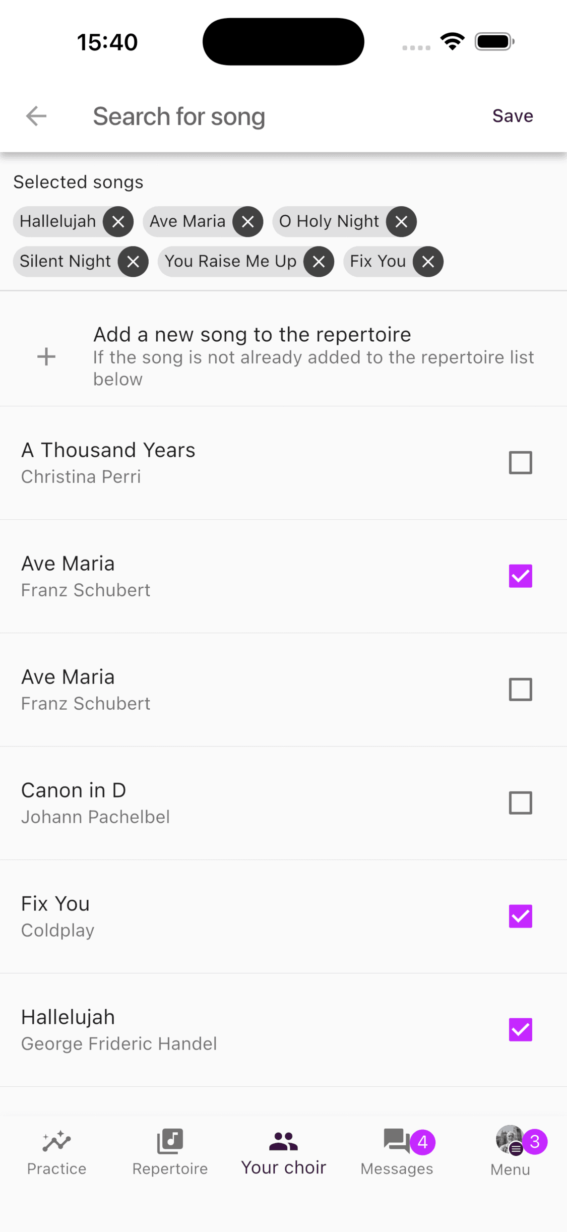Choosing repertoire songs for a set list in the app