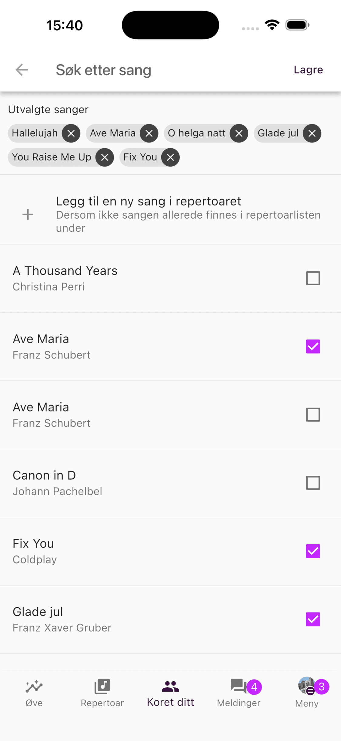 Valg av repertoarsanger til en settliste i appen