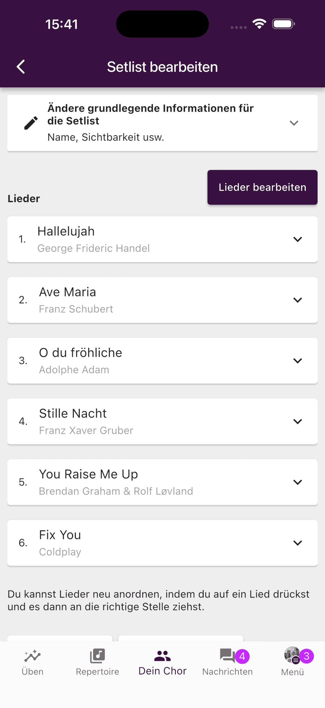 Eine sortierte Setliste in der ChoirMate-App