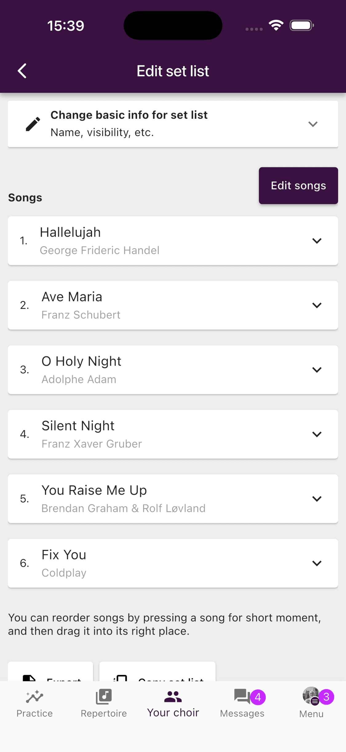 An ordered set list in the ChoirMate app