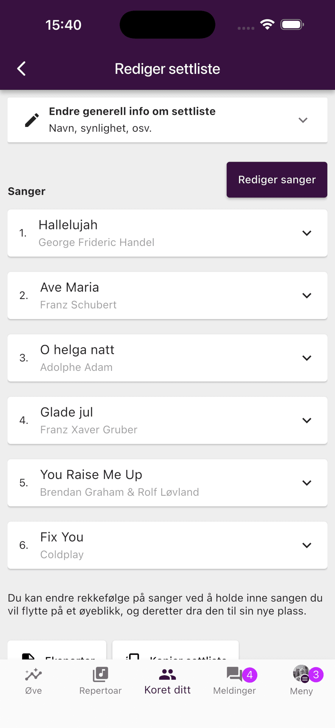 En sortert settliste i ChoirMate-appen
