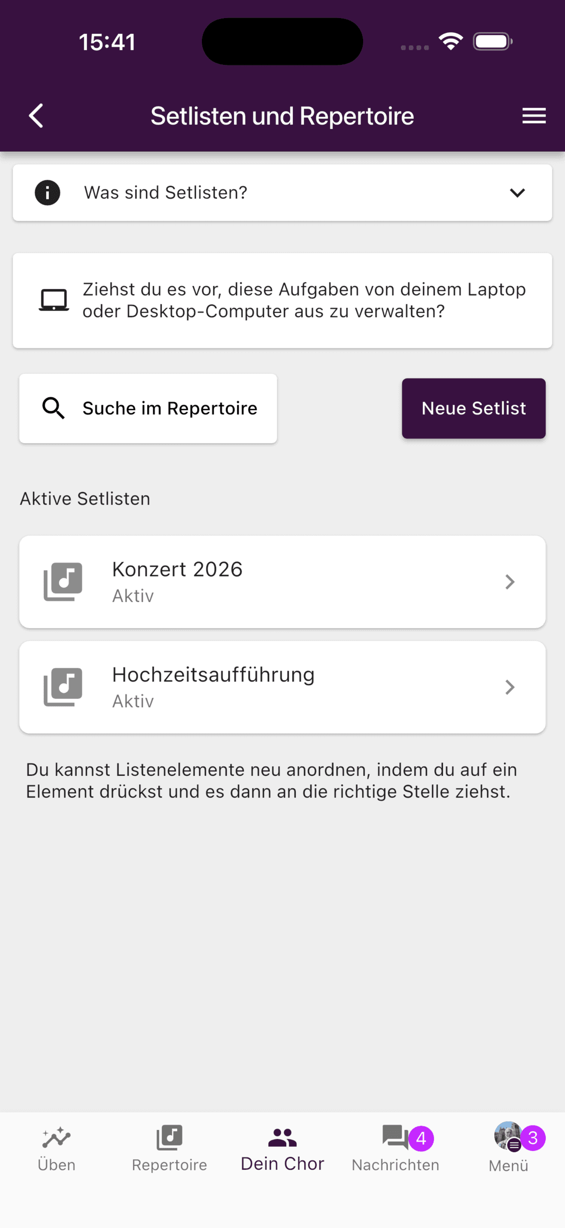 Die Setlistenverwaltung in der ChoirMate-App