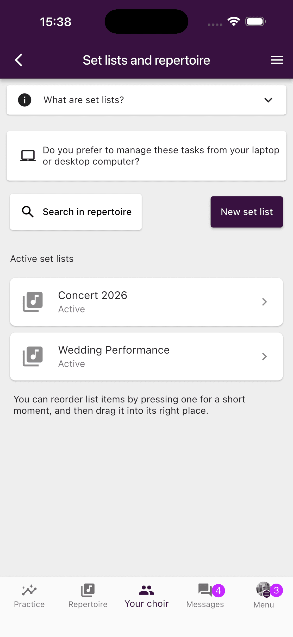The set-list management screen in the ChoirMate app