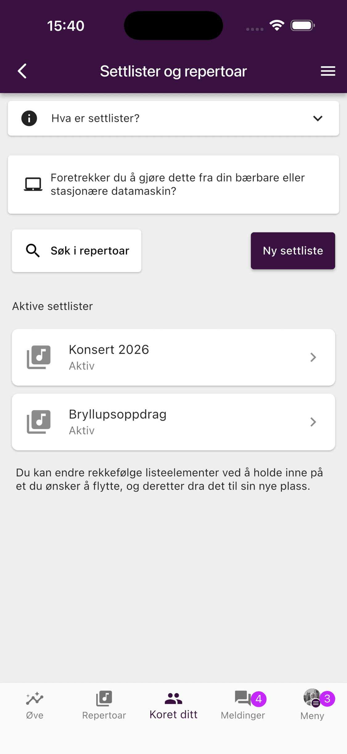 Administrering av settlister i ChoirMate-appen