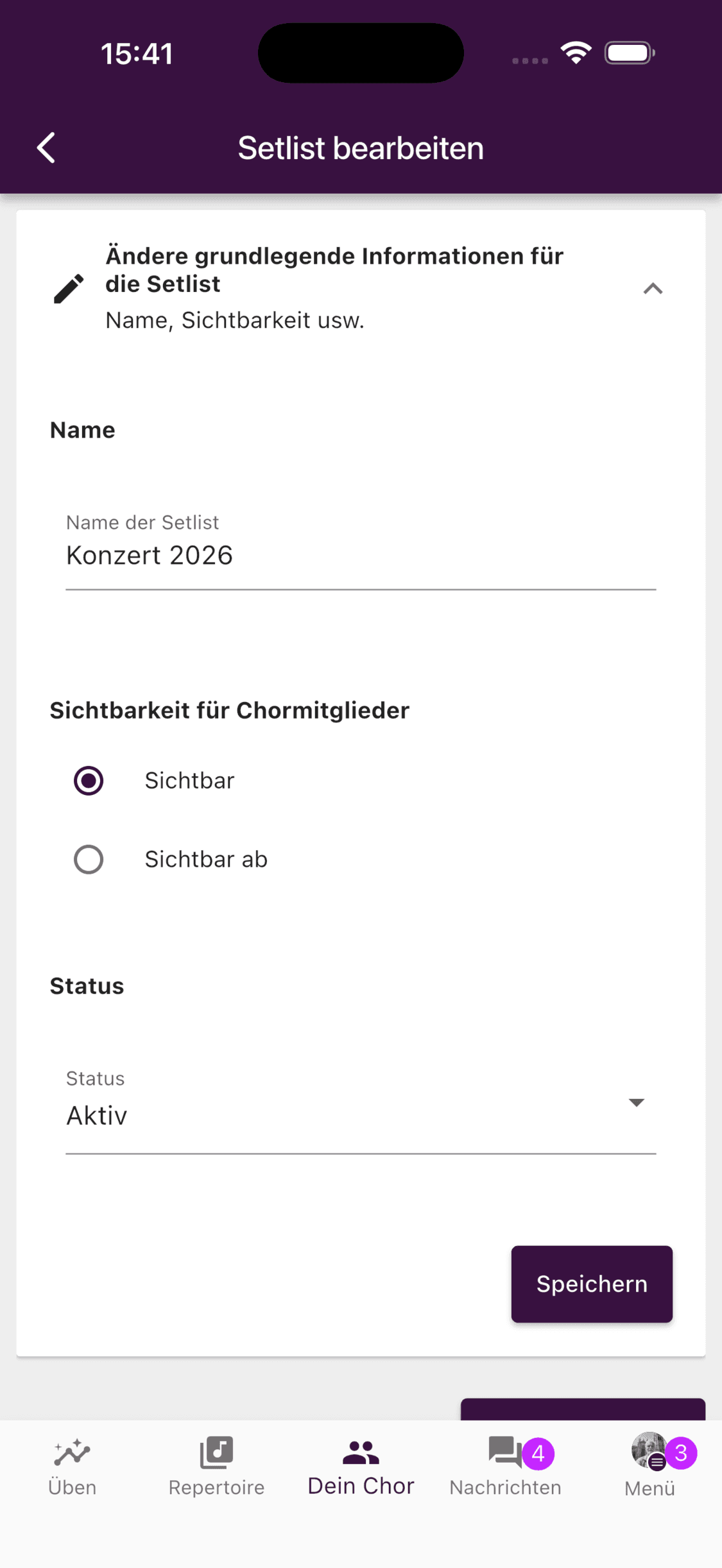 Name, Sichtbarkeit und Status einer Setliste in der App