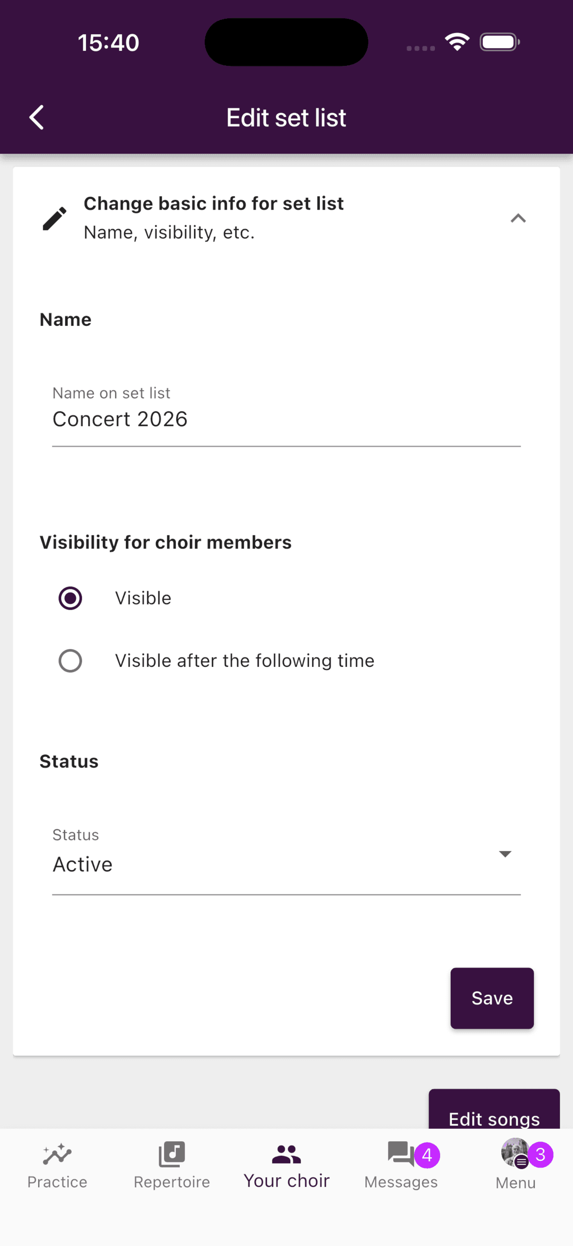 Name, member visibility, and status settings for a set list in the app