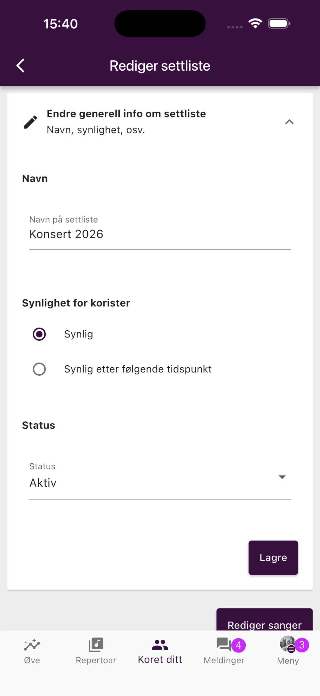 Navn, medlemssynlighet og status for en settliste i appen