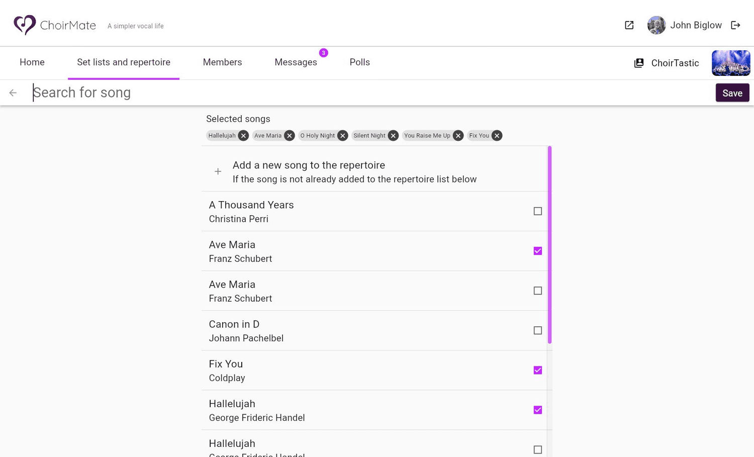 Choosing repertoire songs for a set list on ChoirMate Web