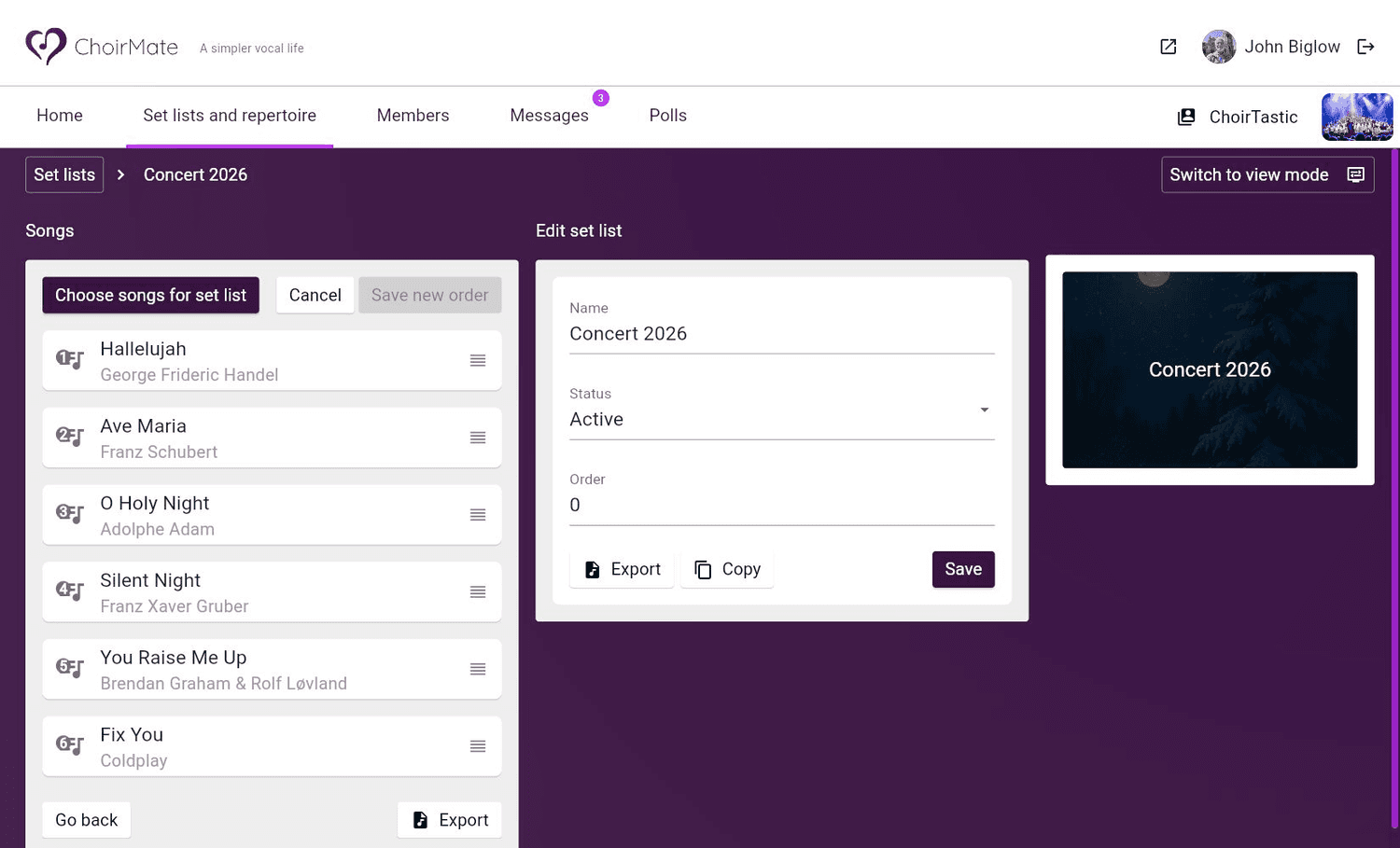 Reordering songs in a set list on ChoirMate Web