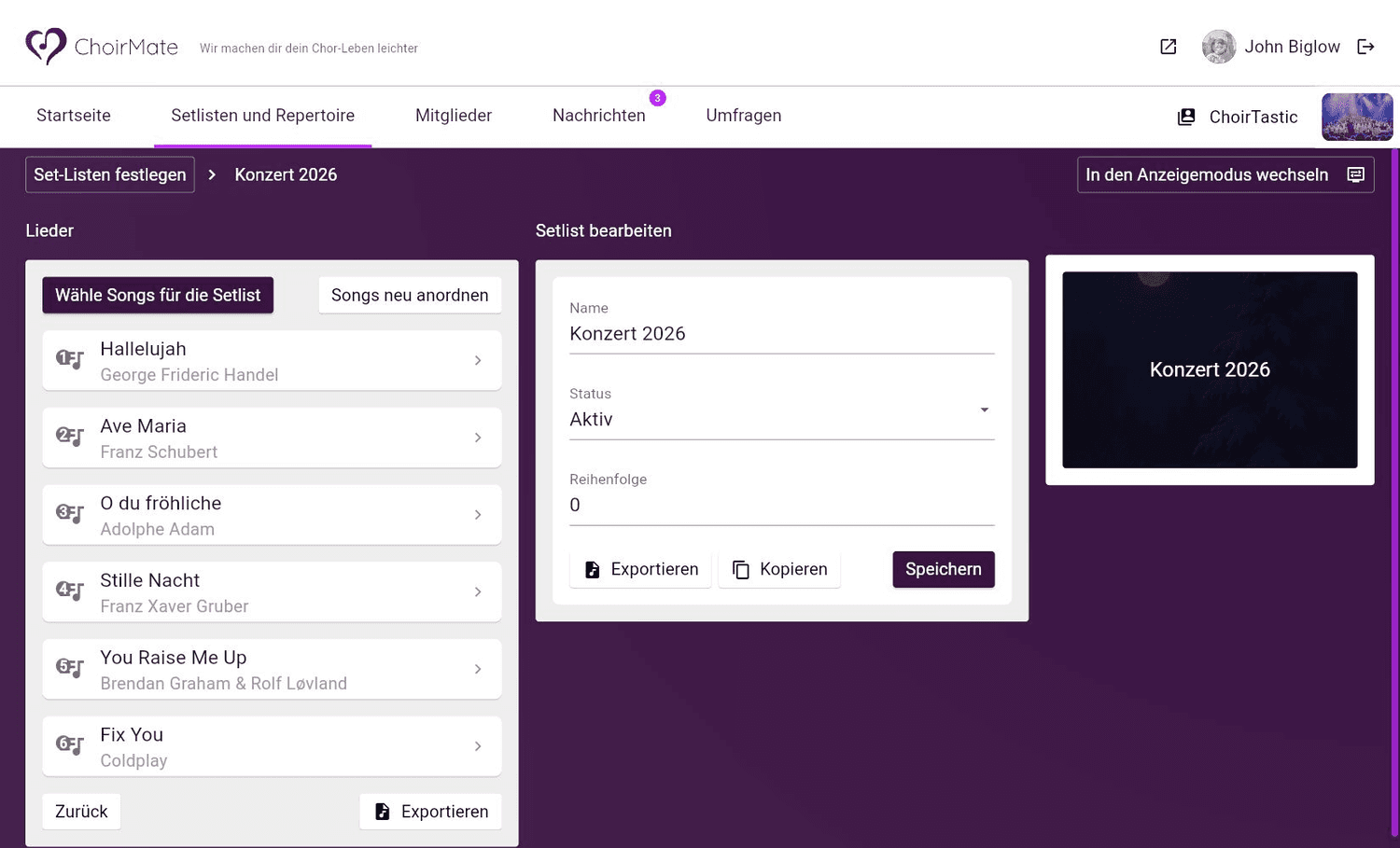 Bearbeiten der Setlistendetails in ChoirMate Web