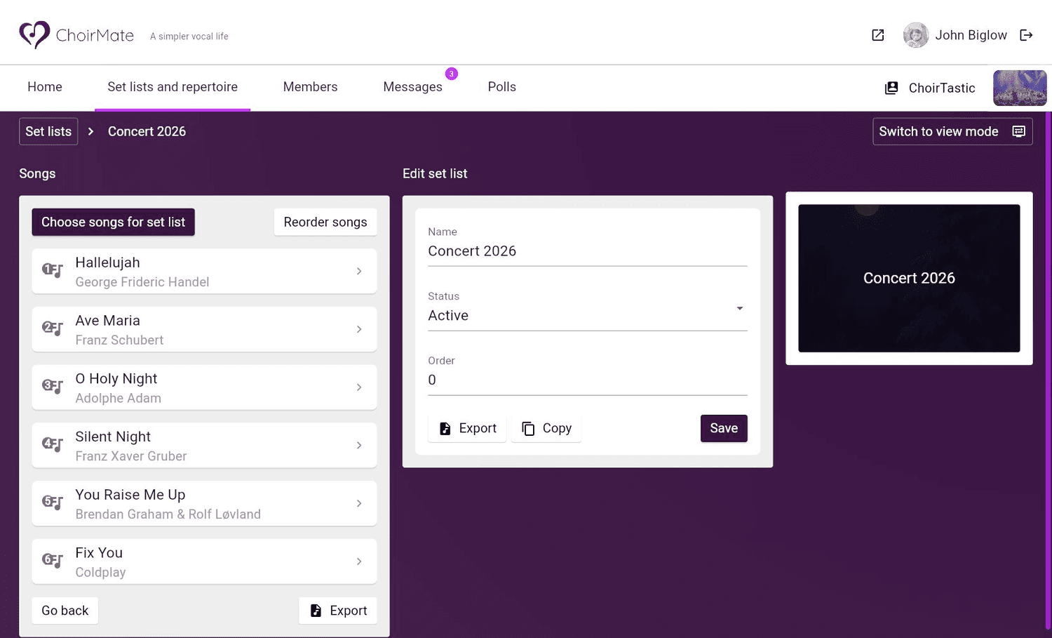 The set-list details editor in ChoirMate Web