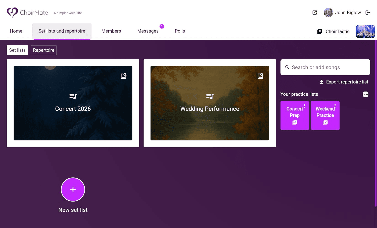 The set-list overview in ChoirMate Web