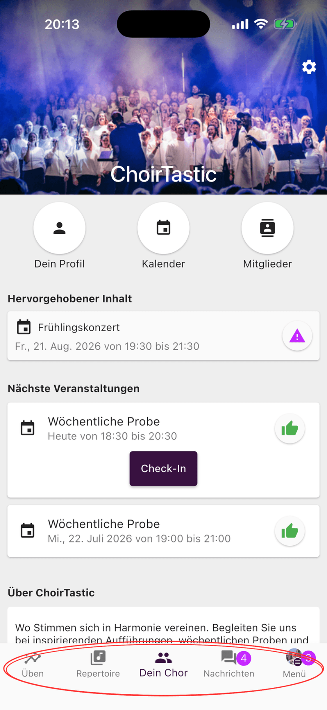 Die fünf Haupttabs am unteren Rand der ChoirMate-App