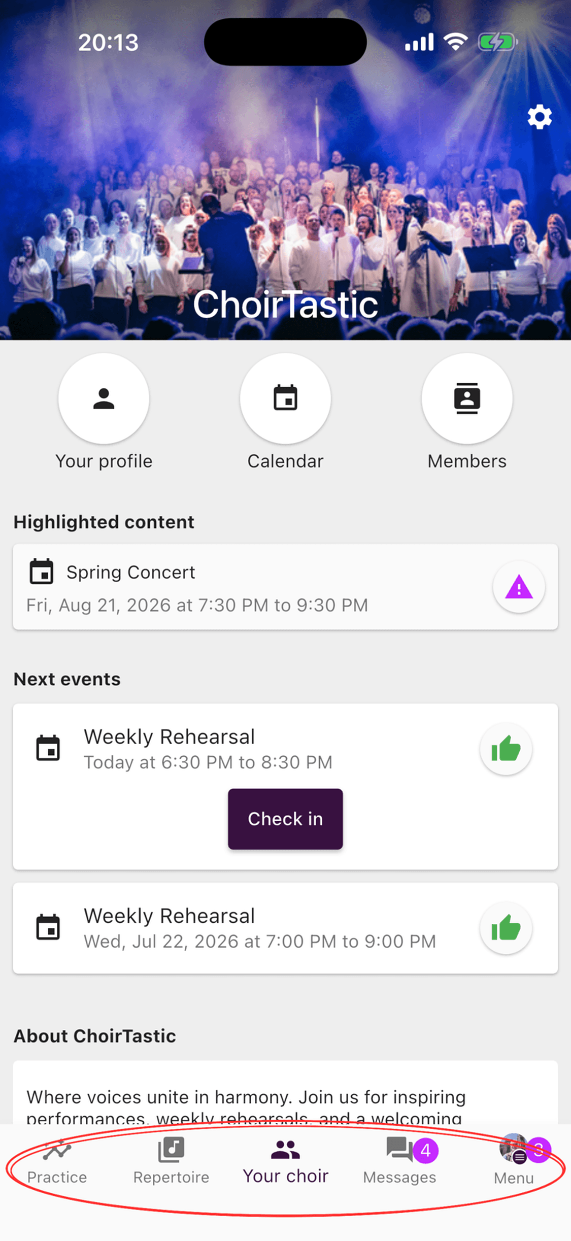 The five main tabs at the bottom of the ChoirMate app