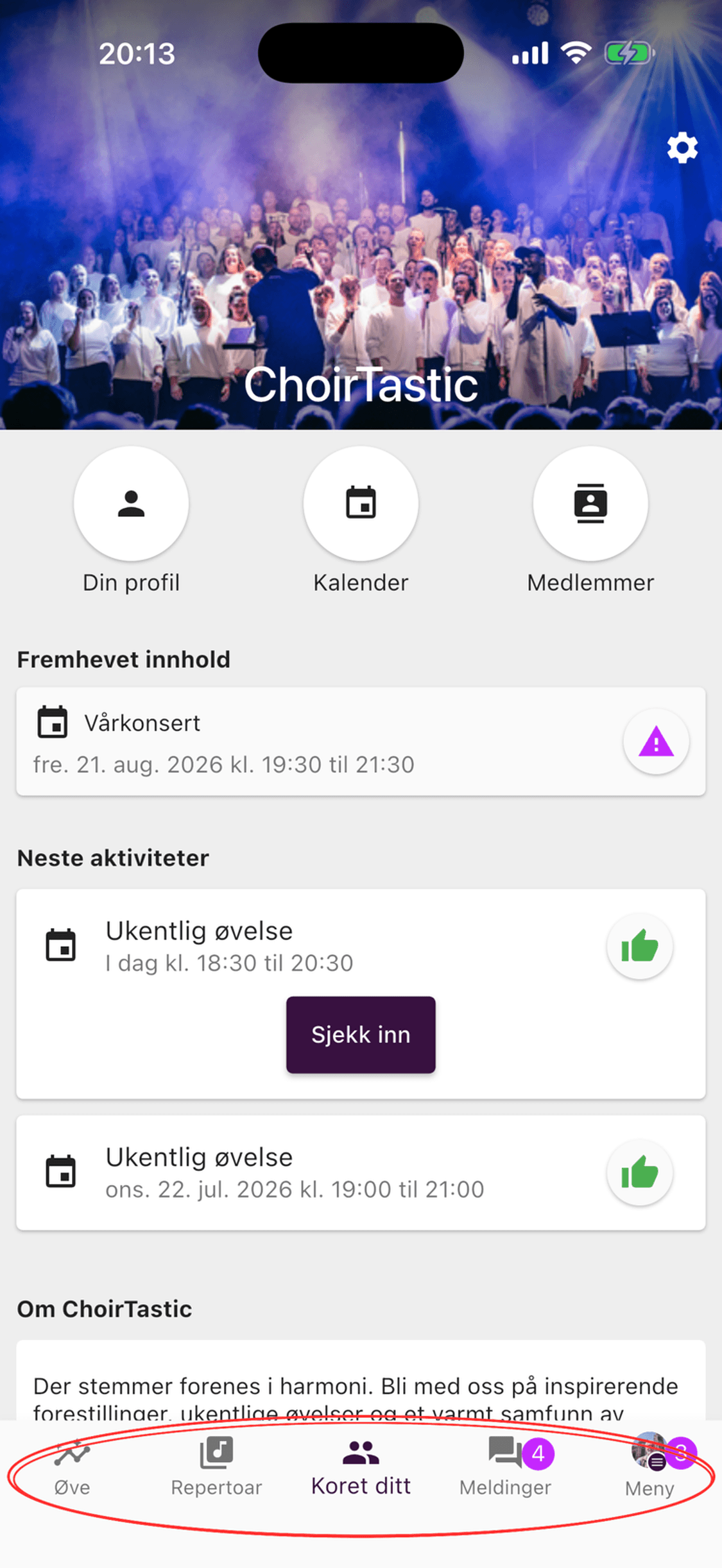De fem hovedfanene nederst i ChoirMate-appen