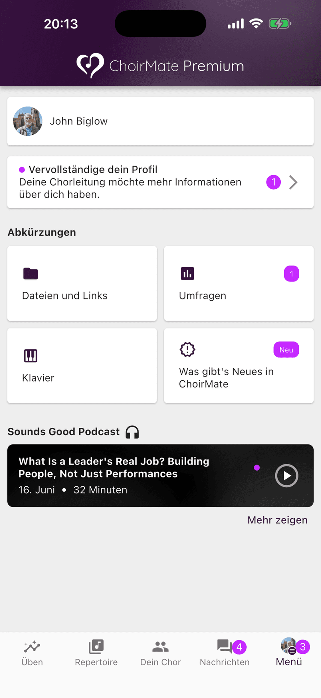 Das ChoirMate-Menü mit Profilkarte und verfügbaren Abkürzungen