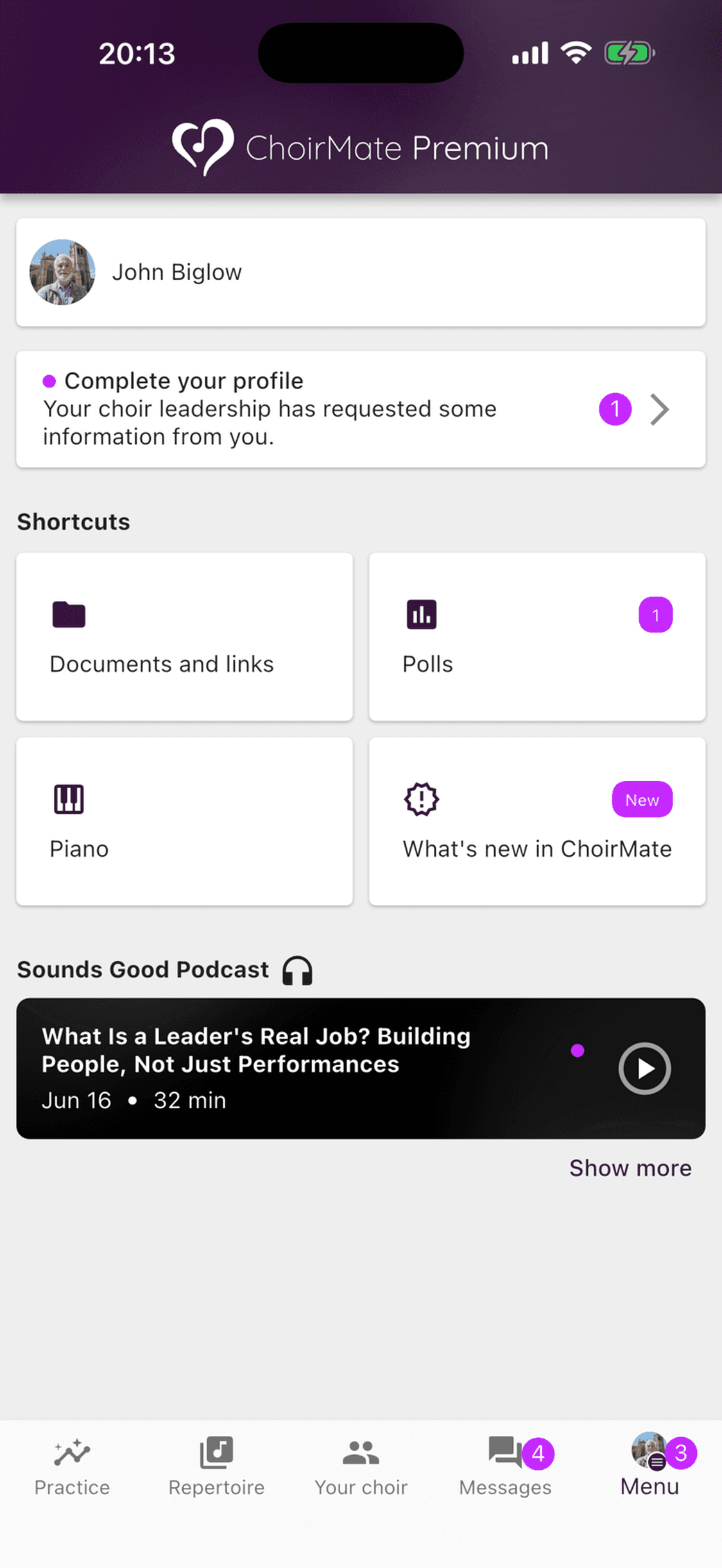 The ChoirMate Menu with the profile card and available shortcuts
