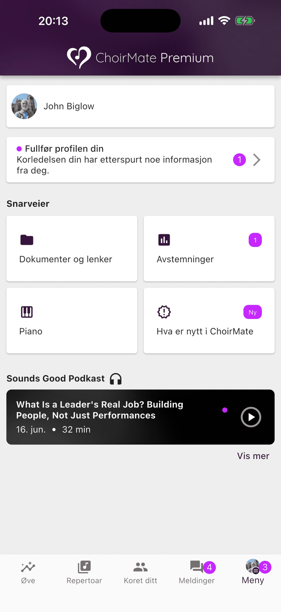 Menyen i ChoirMate med profilkort og tilgjengelige snarveier