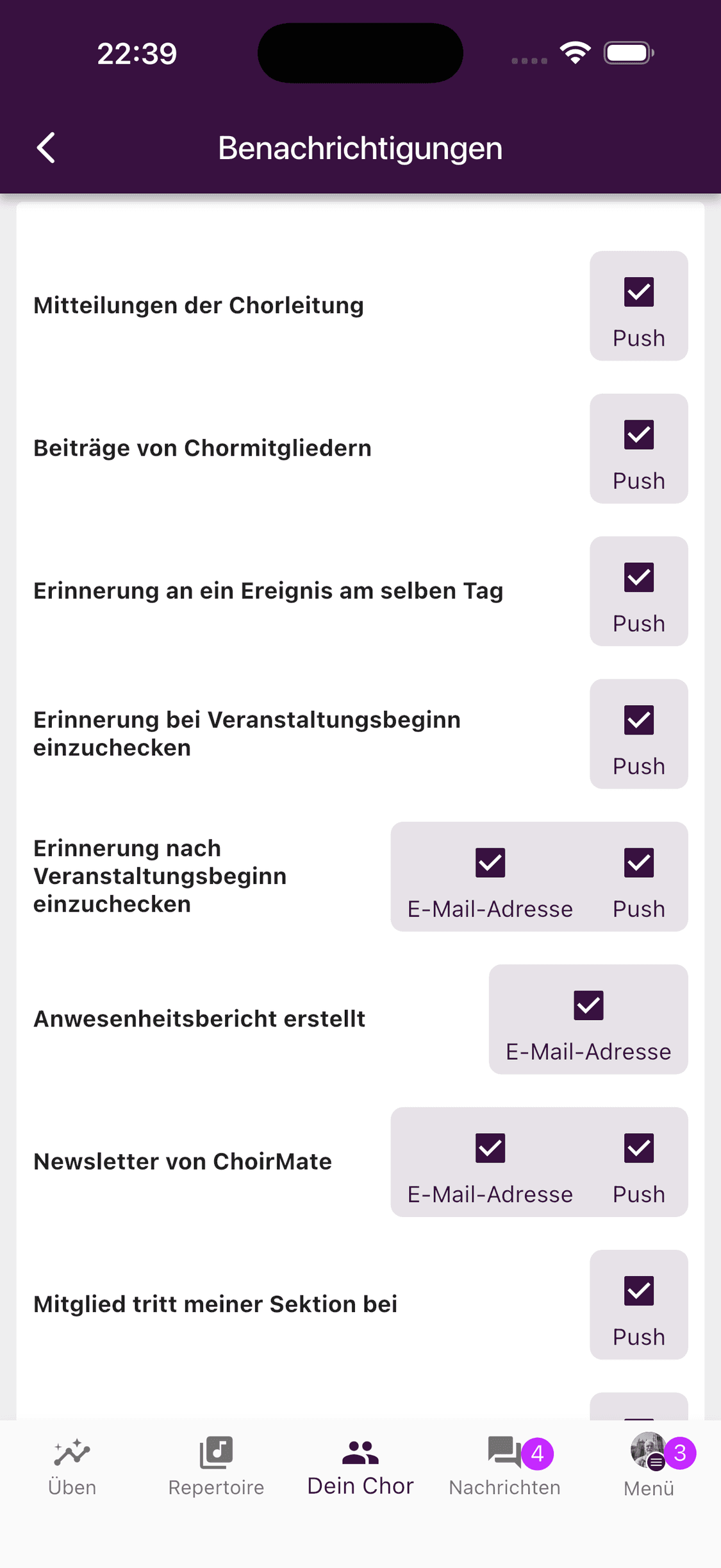 Auswahl der Benachrichtigungskanäle in der mobilen App