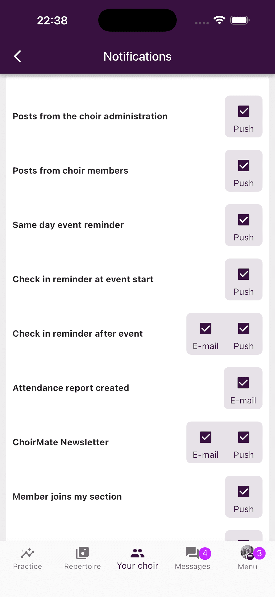 Notification channel choices in the mobile app