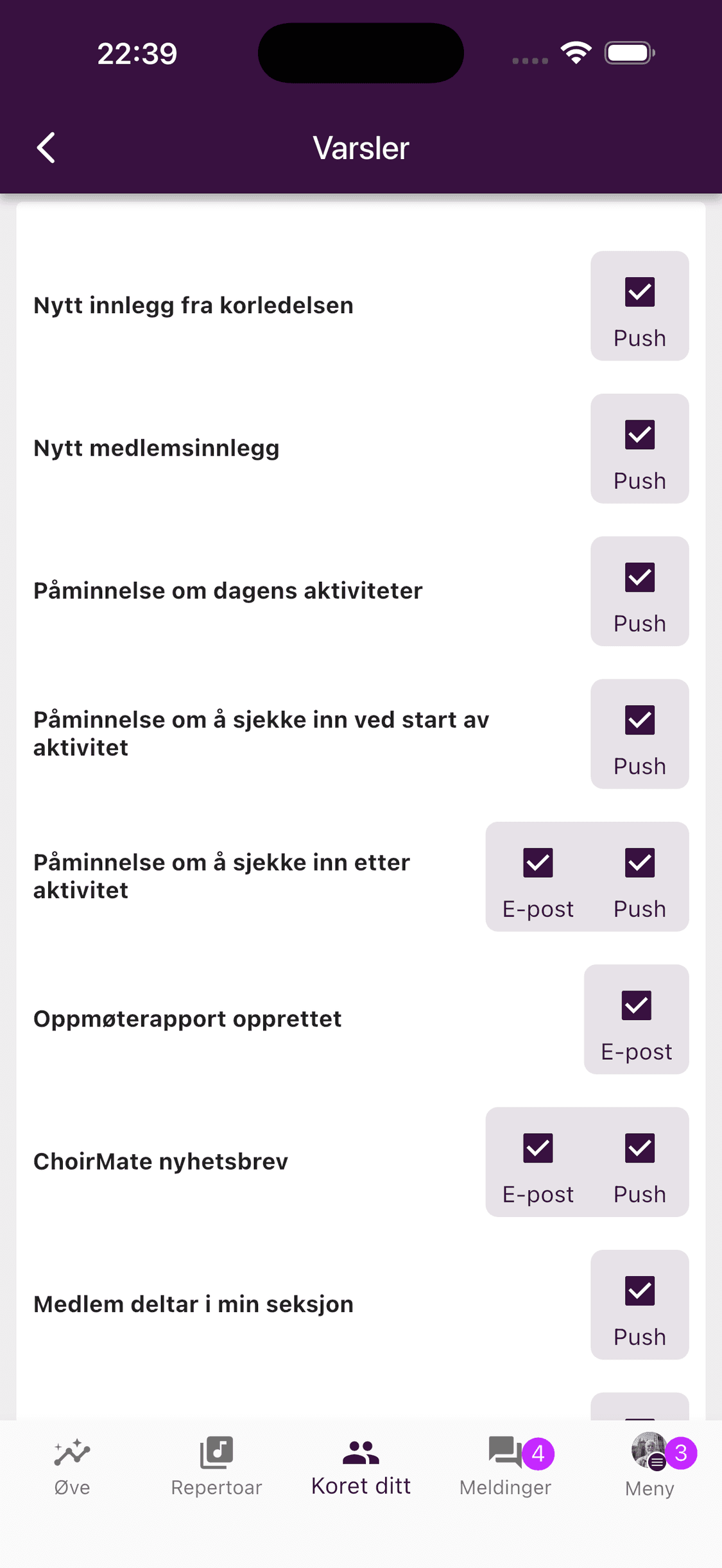 Valg av varslingskanaler i mobilappen