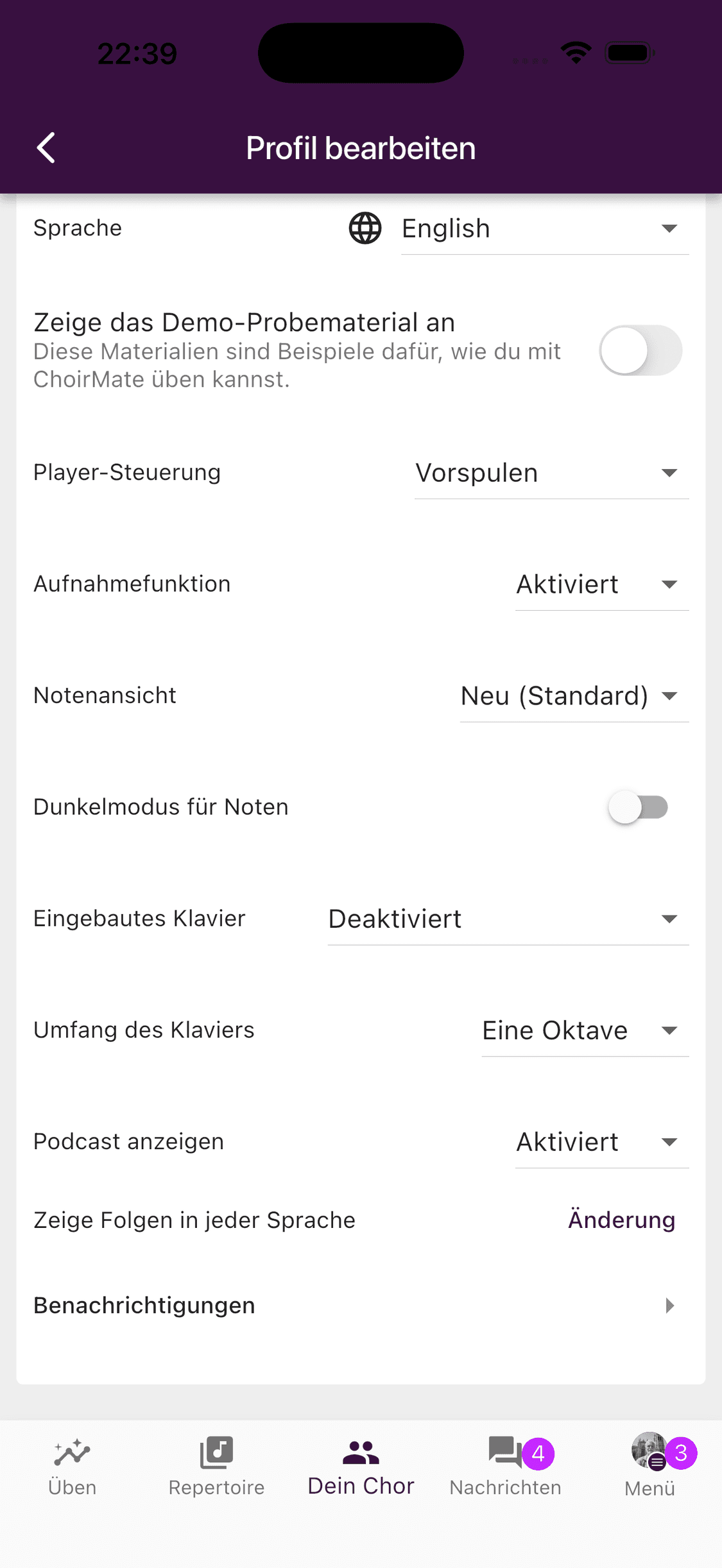 Die Option Benachrichtigungen in den mobilen Profileinstellungen