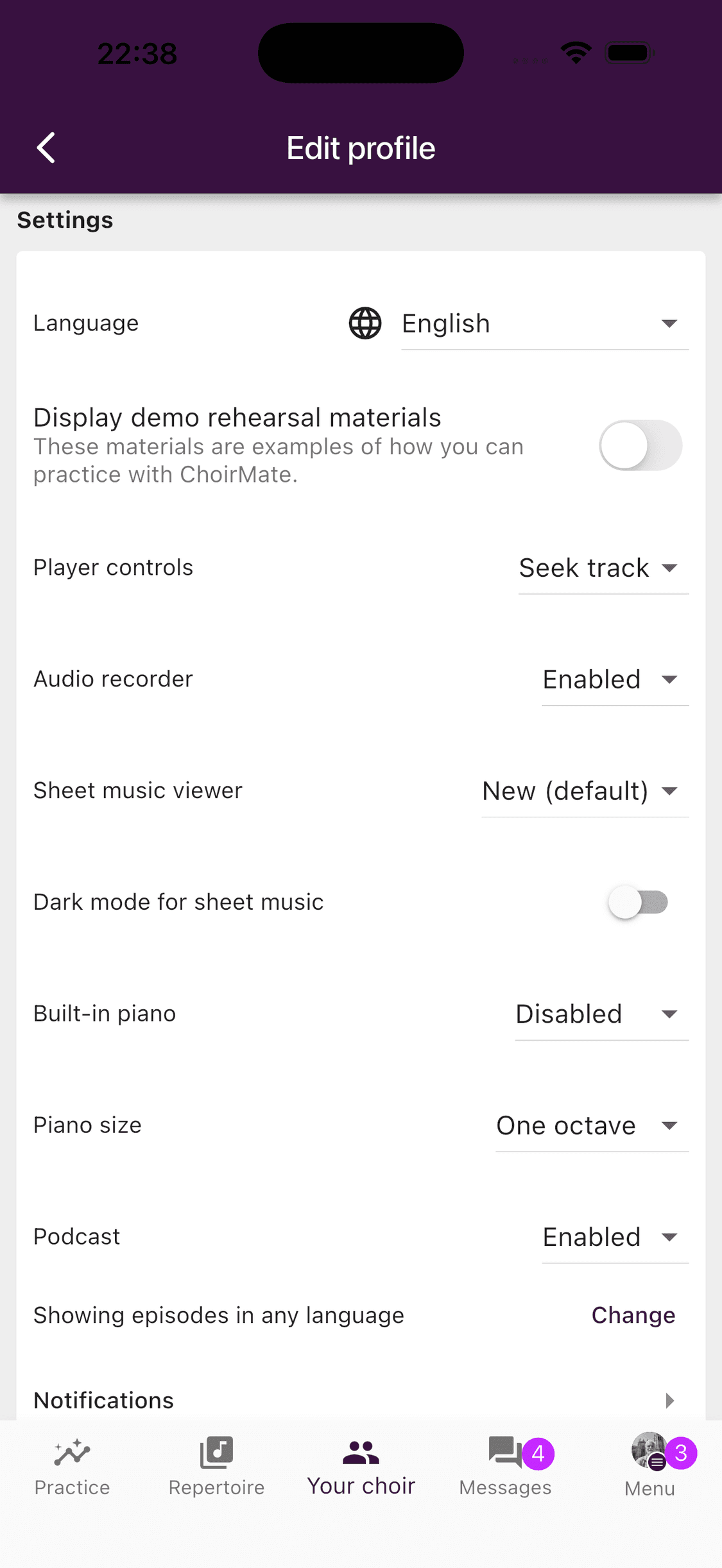 The Notifications option in mobile profile settings