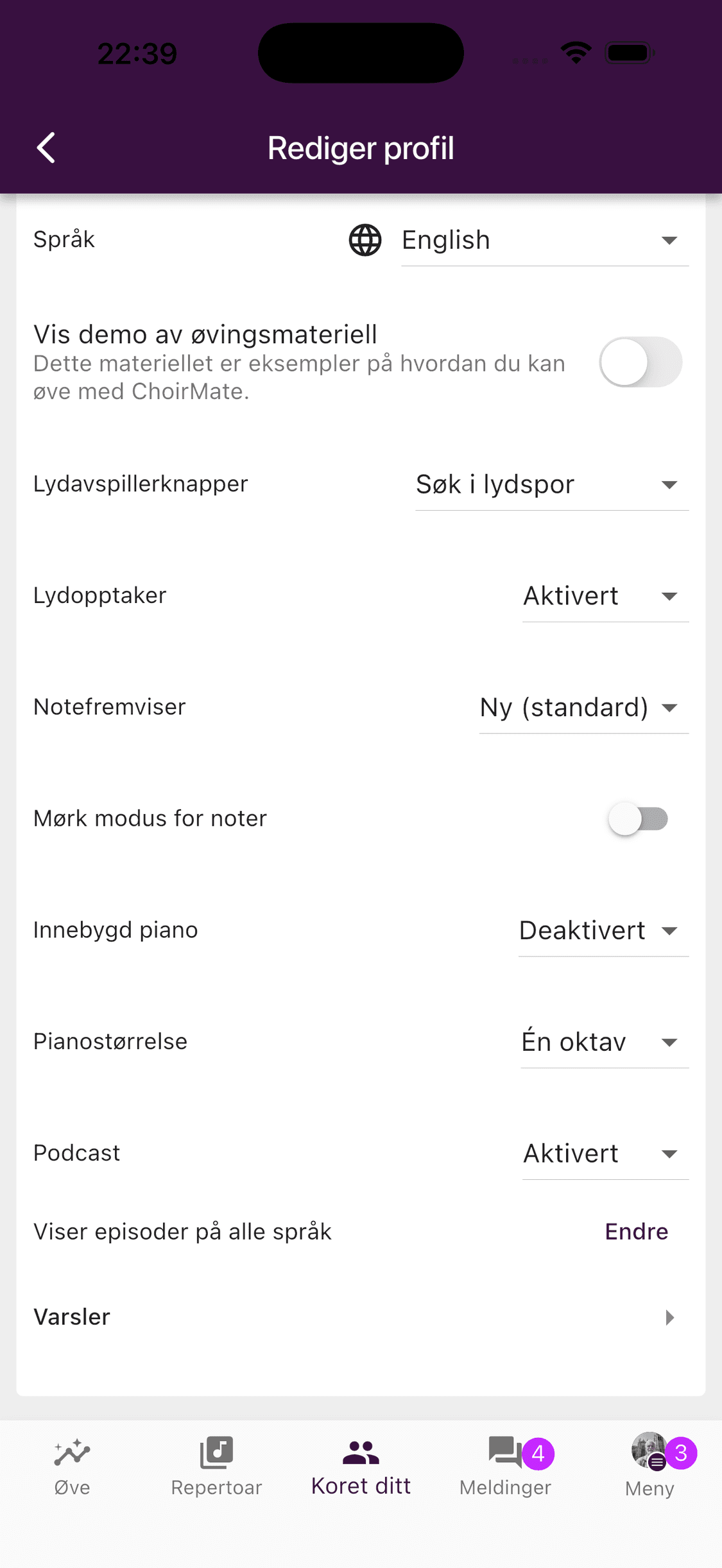 Valget Varsler i profilinnstillingene i mobilappen