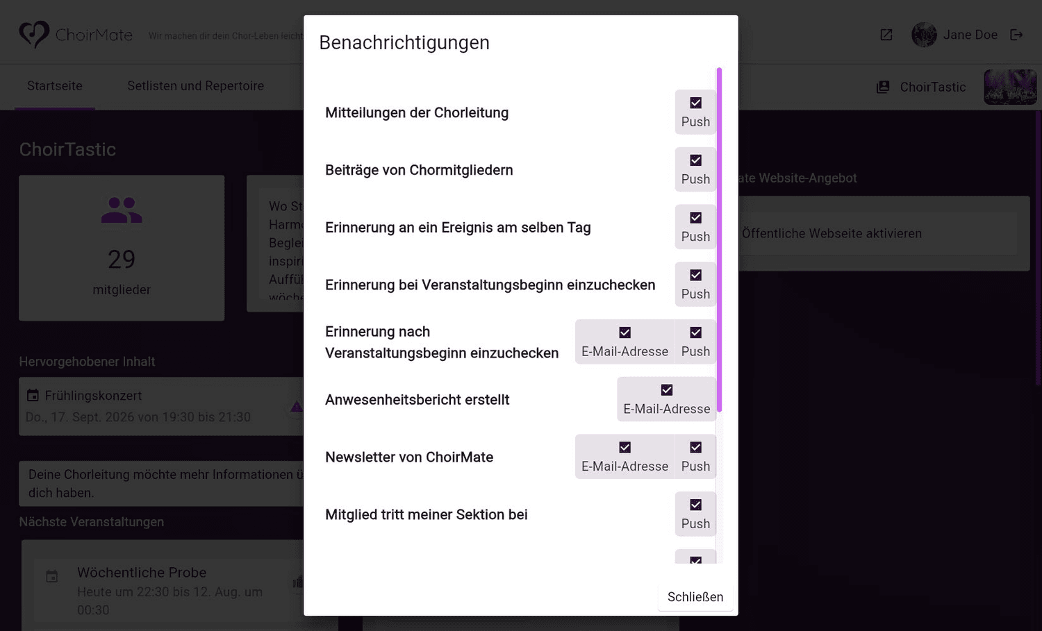 Auswahl der Benachrichtigungskanäle im Web