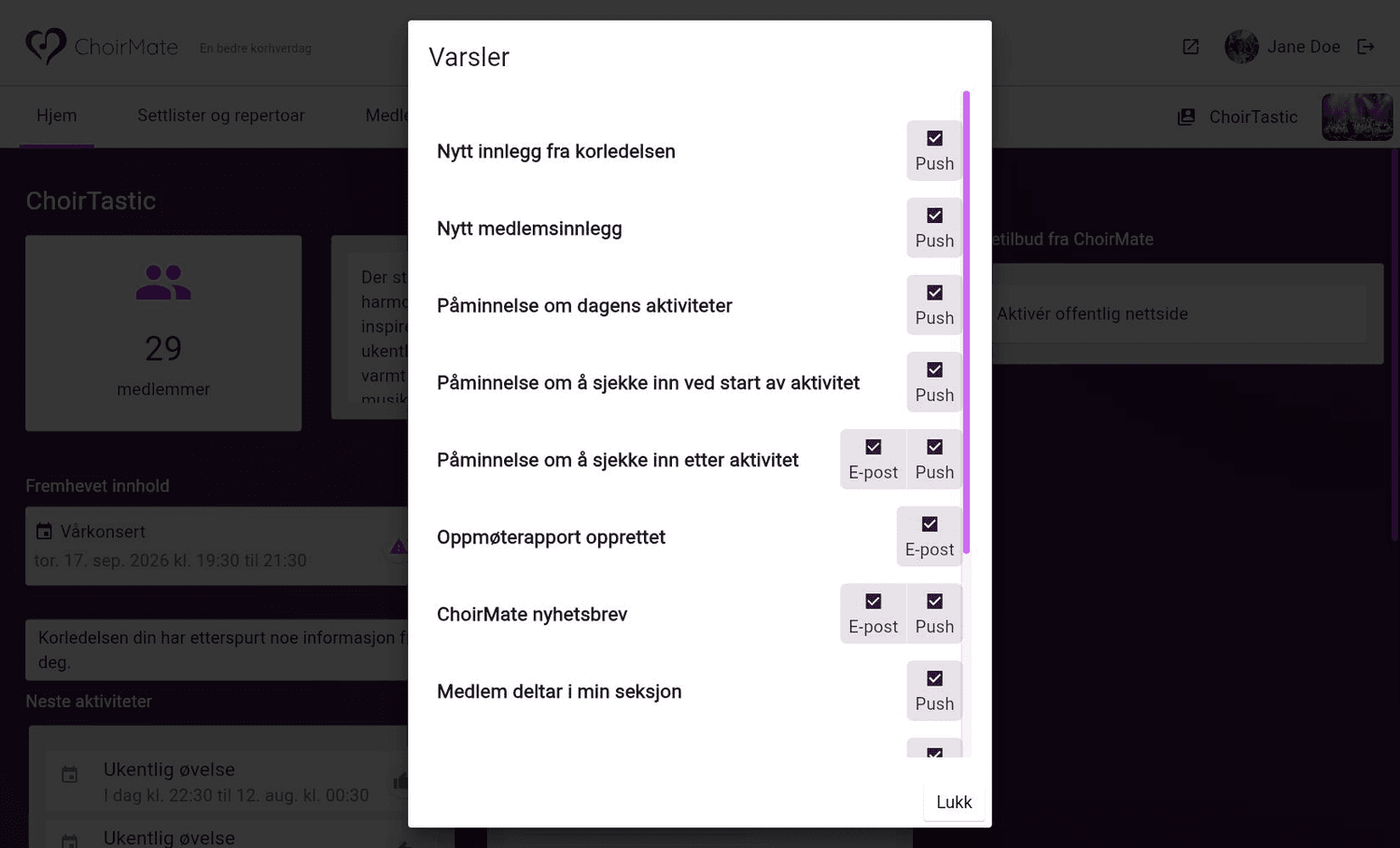 Valg av varslingskanaler på nett