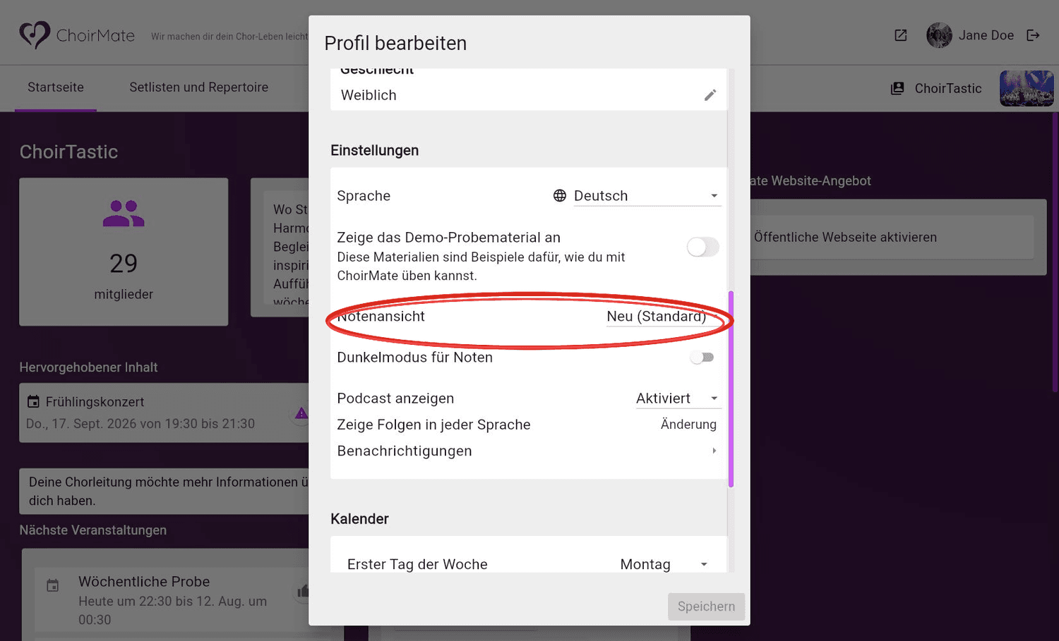 Die Option Benachrichtigungen in den Profileinstellungen im Web