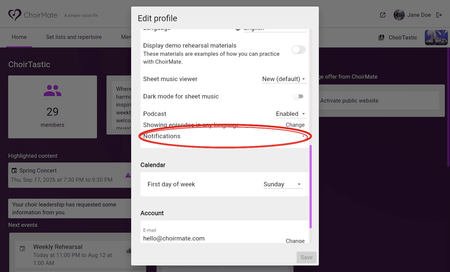The Notifications option in web profile settings